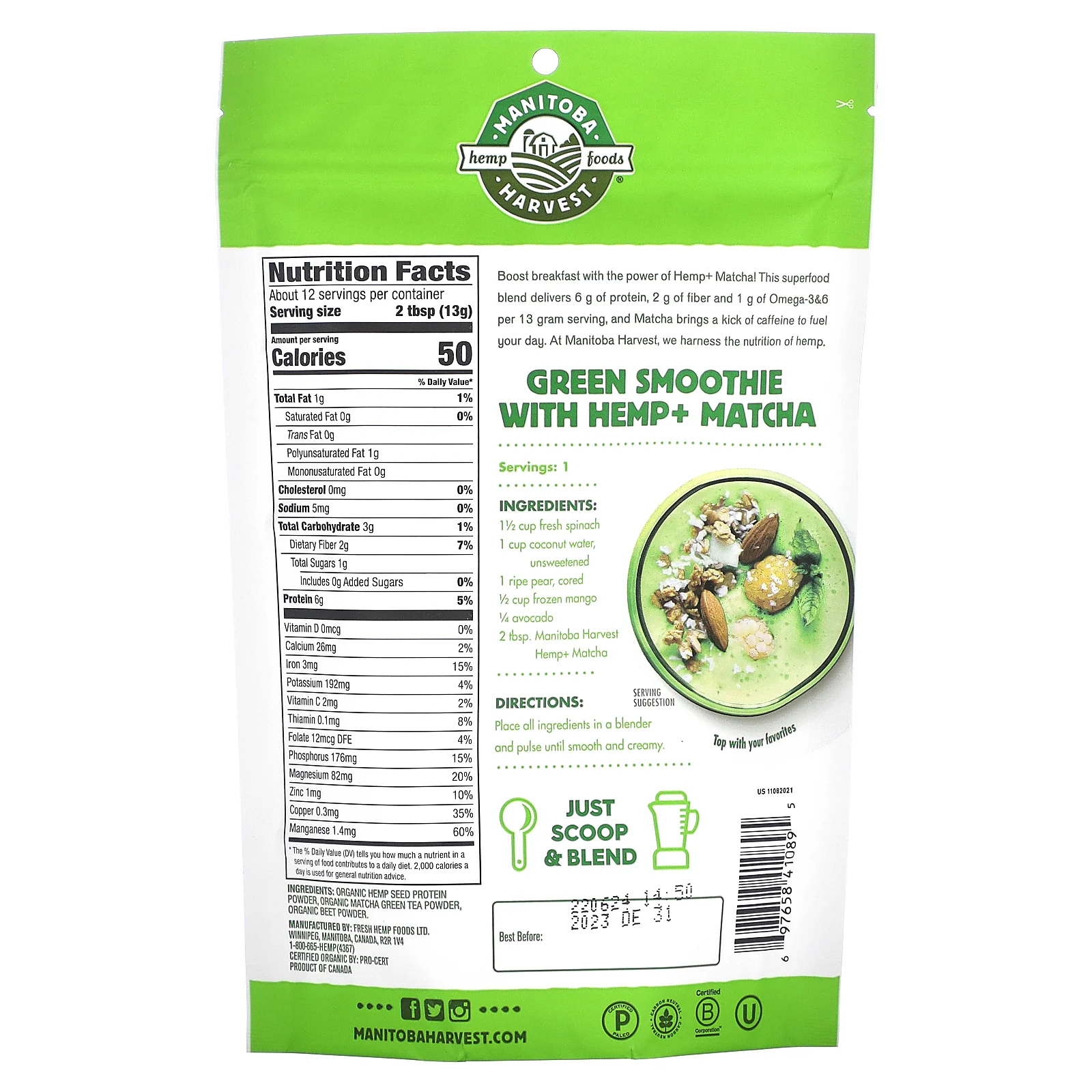 Manitoba Harvest, Органическая конопля и матча, 156 г (5,5 унции)