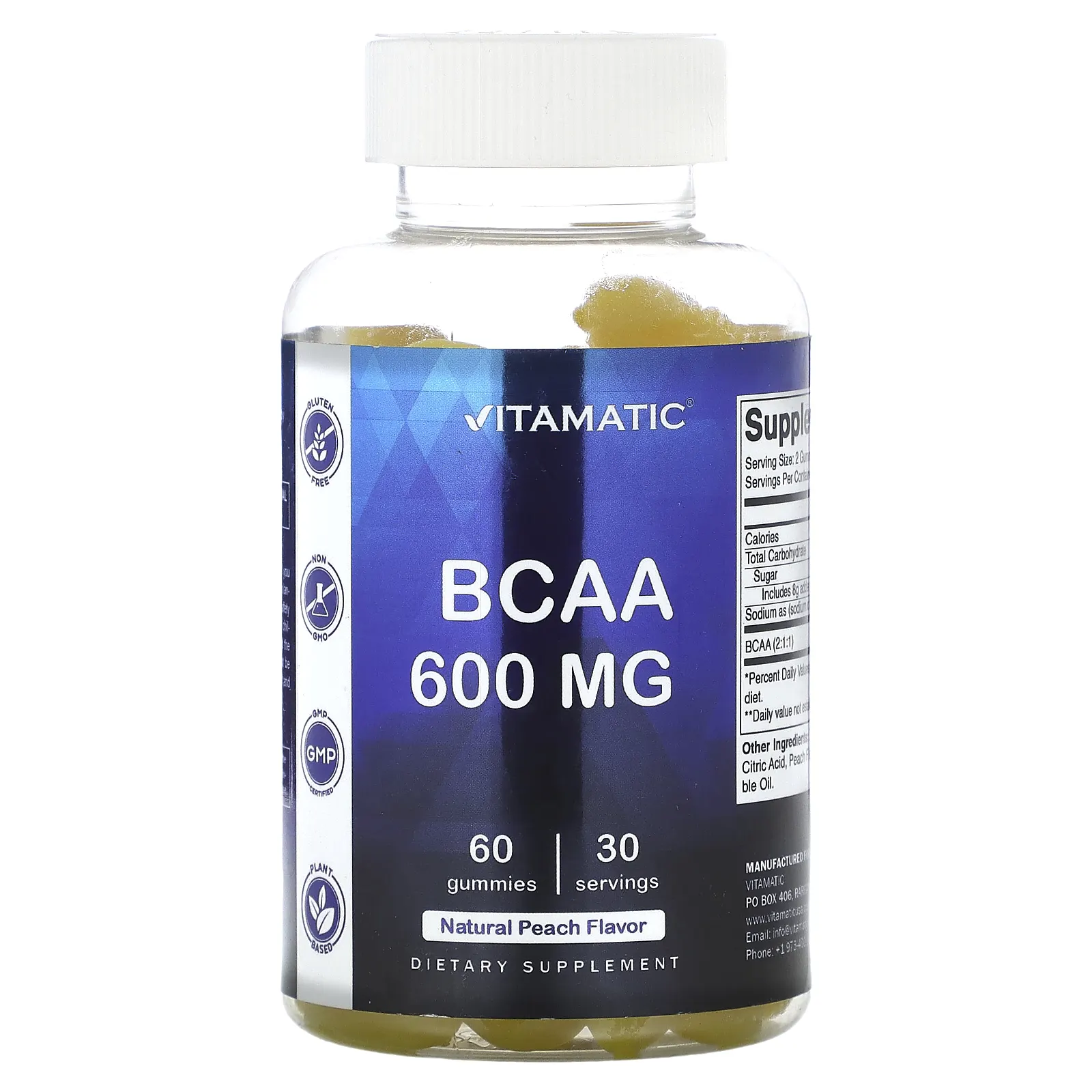Vitamatic, BCAA, натуральный персик, 600 мг, 60 жевательных мармеладок (300 мг в 1 жевательной таблетке)