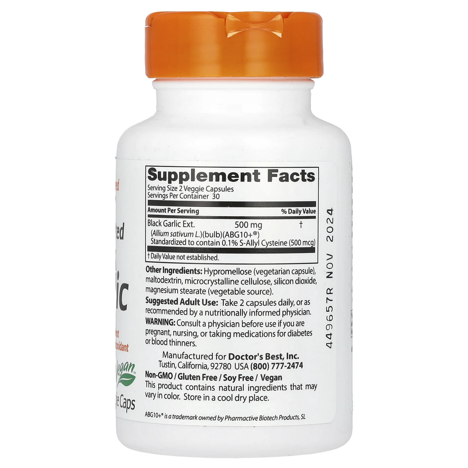 Doctor's Best, Ферментированный черный чеснок ABG10 +, 250 мг, 60 вегетарианских капсул