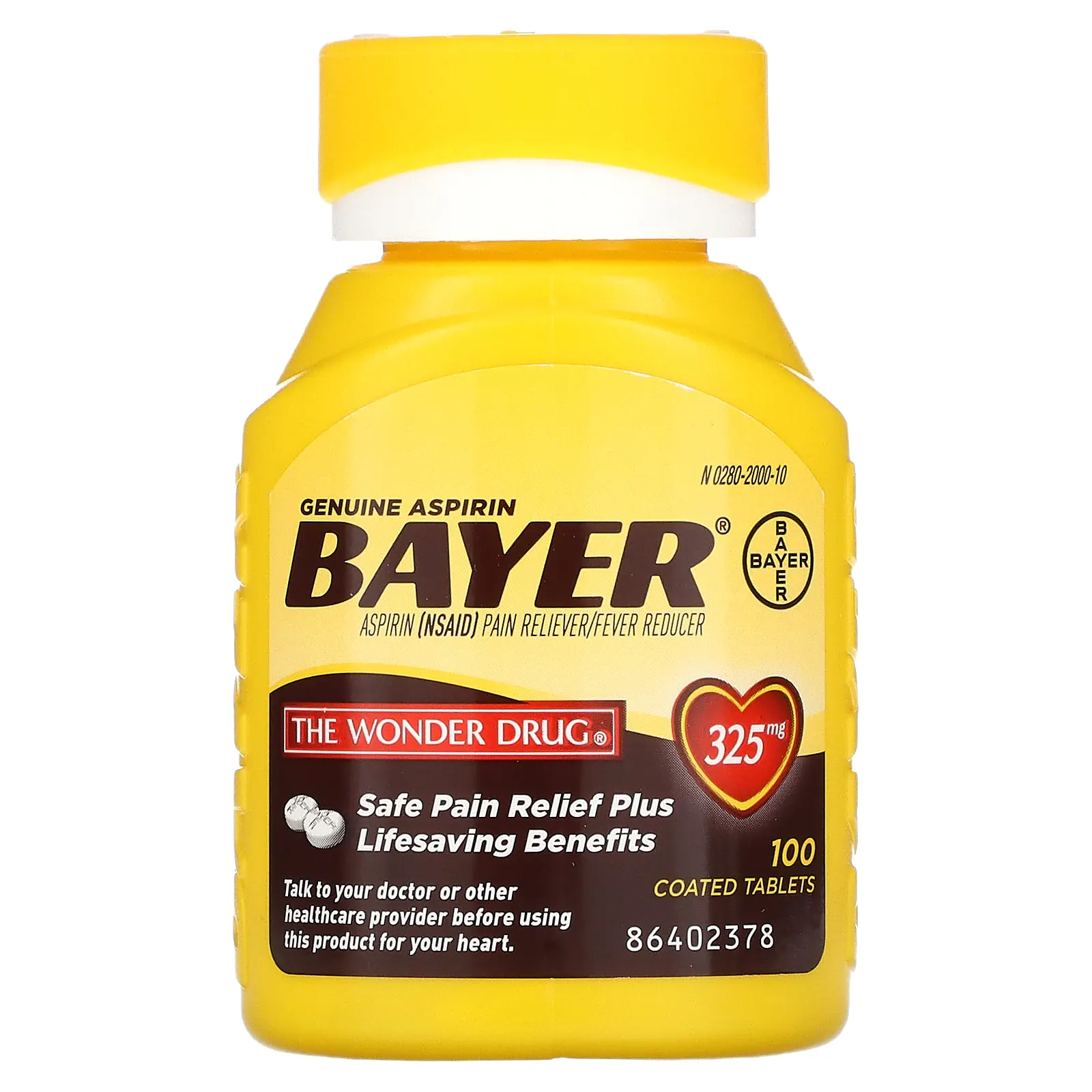 Bayer, Натуральный аспирин, 325 мг, 100 таблеток, покрытых оболочкой