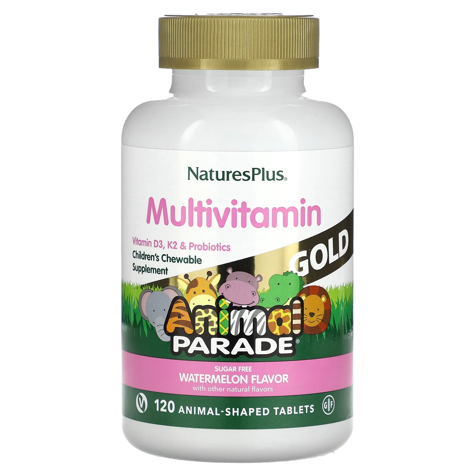 NaturesPlus, Source of Life Animal Parade Gold, жевательная мультивитаминная добавка с микроэлементами для детей, со вкусом арбуза, 120 таблеток в форме животных