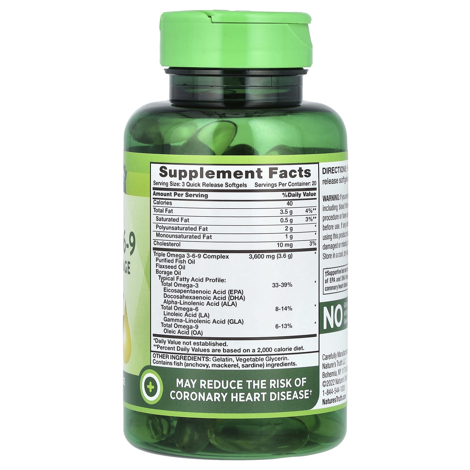 Nature's Truth, Triple Omega 3-6-9, рыба, лен, бурачник, 60 капсул быстрого действия