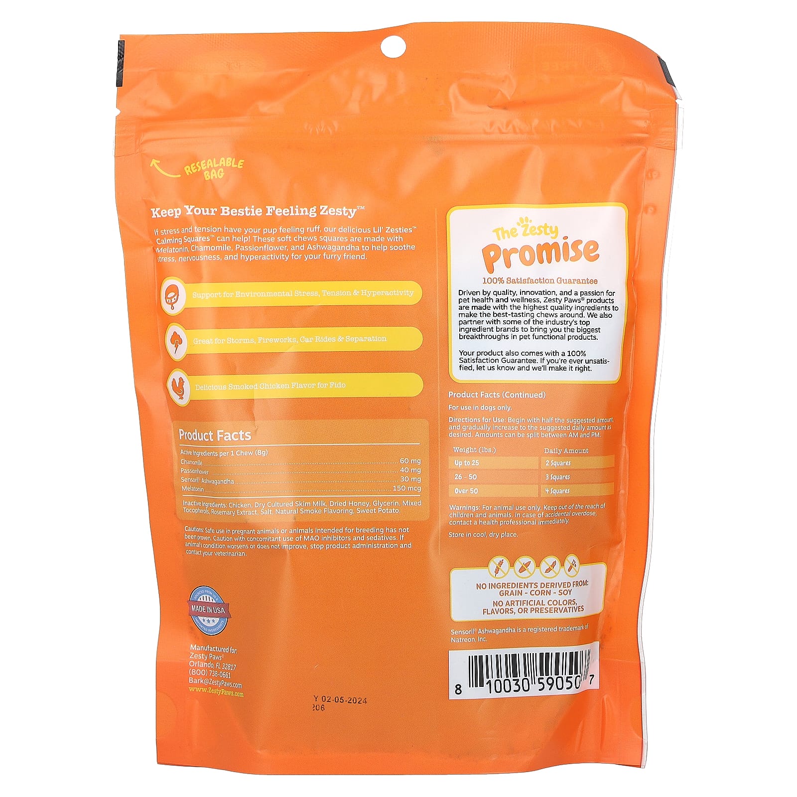 Zesty Paws, Lil' Zesties, Calming Square, для собак любого возраста, копченая курица, 283 г (10 унций)