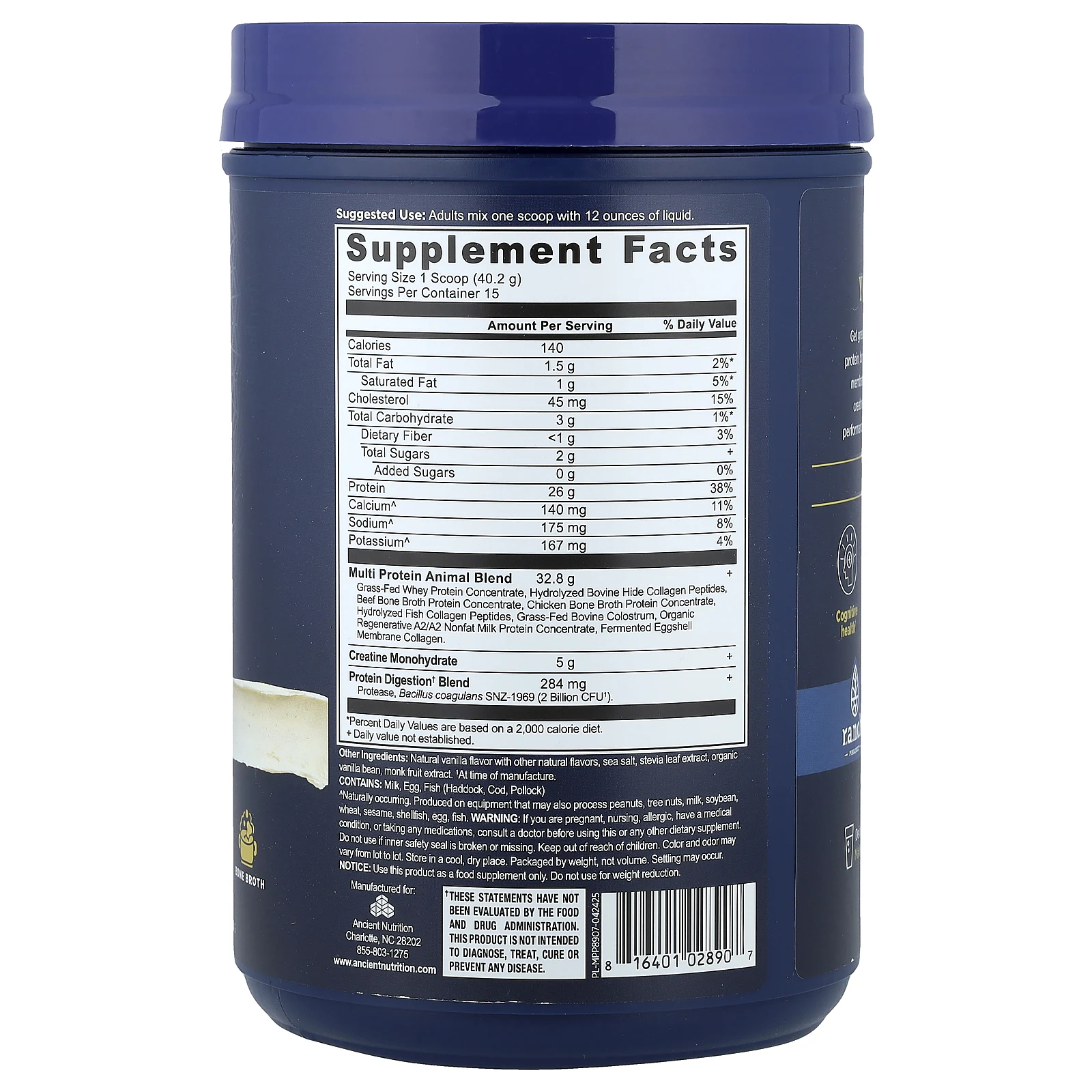 Ancient Nutrition, мультипротеин и креатин, животного происхождения, ваниль, 604 г (1,33 фунта)