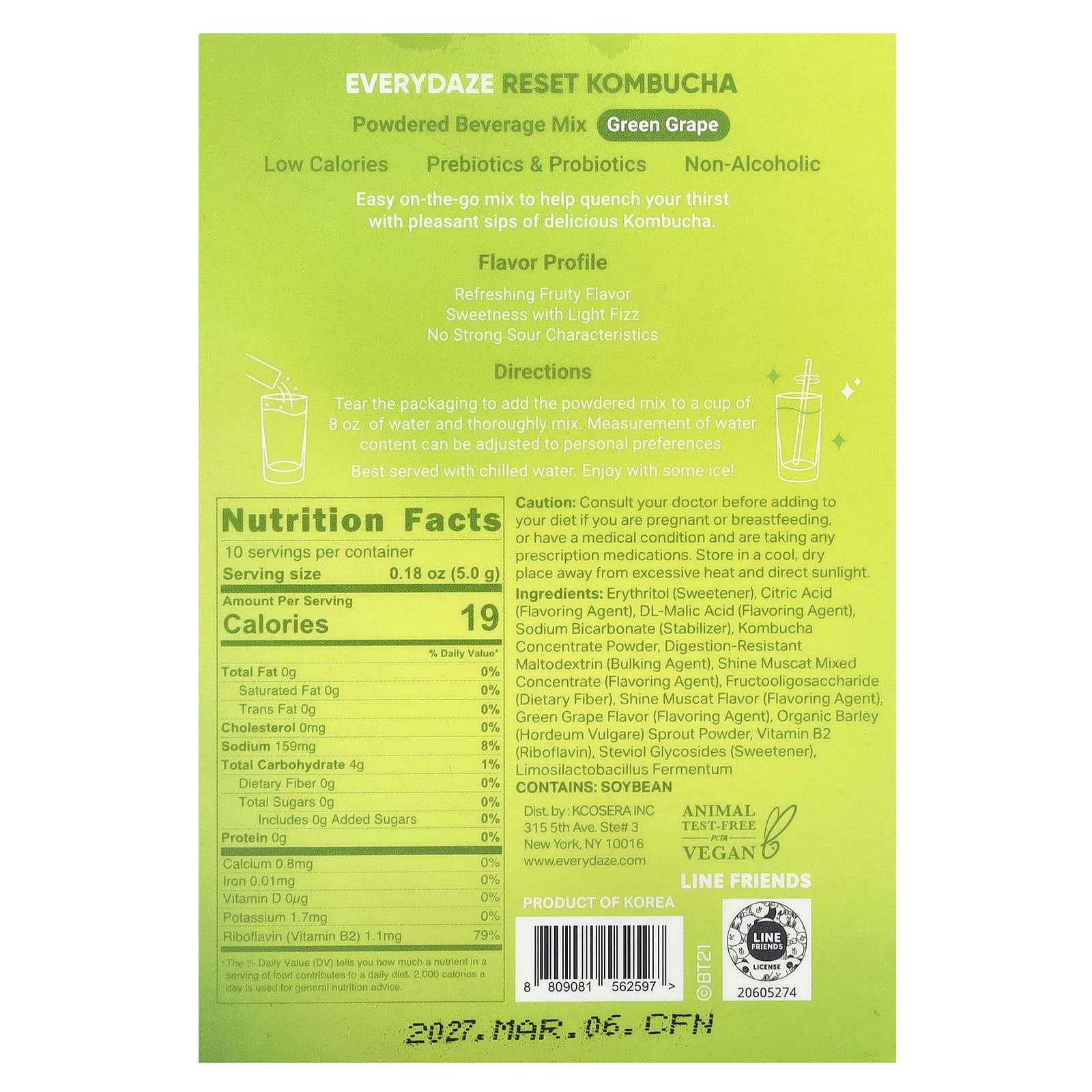 Everydaze, Reset Kombucha, порошковая смесь для напитков, зеленый виноград, 10 пакетиков по 5 г (0,18 унции)