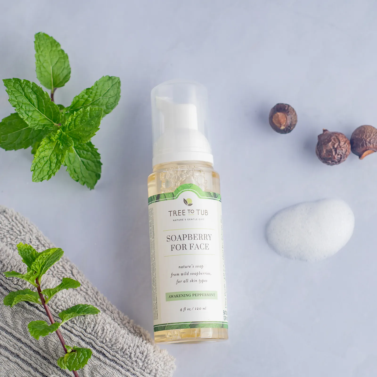Tree To Tub, пенка для умывания с мыльным деревом, мягкое очищающее средство, без масла, сбалансированный уровень pH, для жирной и чувствительной кожи, бодрящая перечная мята, 120 мл (4 жидк. унции)
