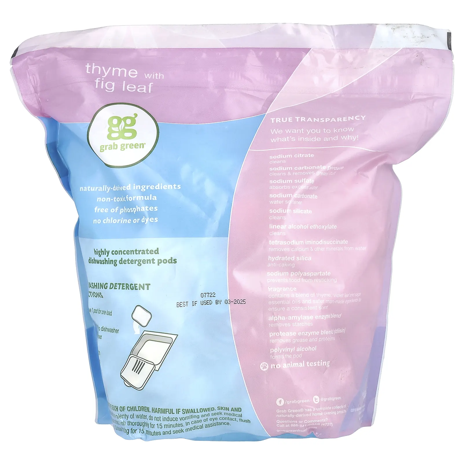 Grab Green, Капсулы со средством для автоматического мытья посуды, чабрец с листиками инжира, 132 порции, 2376 г (5 фунтов 4 унции)