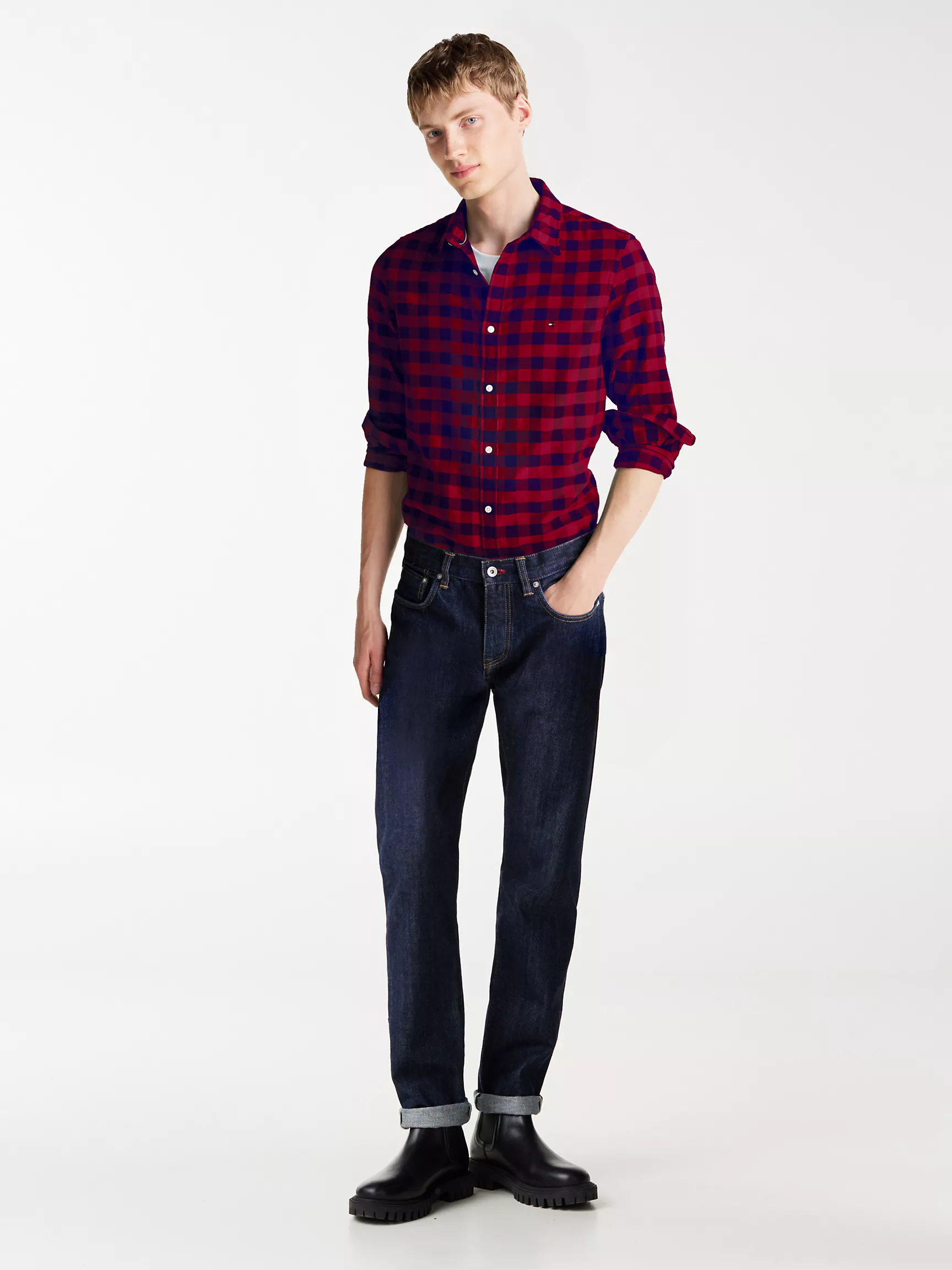 Мужская рубашка Tommy Hilfiger, Приталенная фланелевая рубашка в клетку гингем с мягкой текстурой