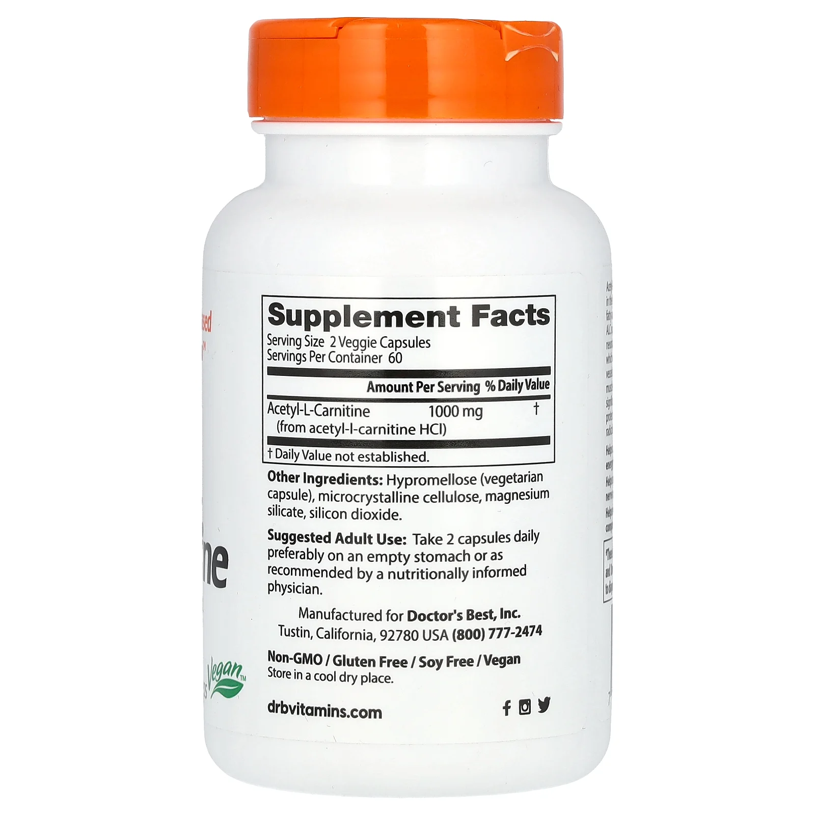 Doctor's Best, ацетил-L-карнитин, 1000 мг, 120 растительных капсул (500 мг в 1 капсуле)