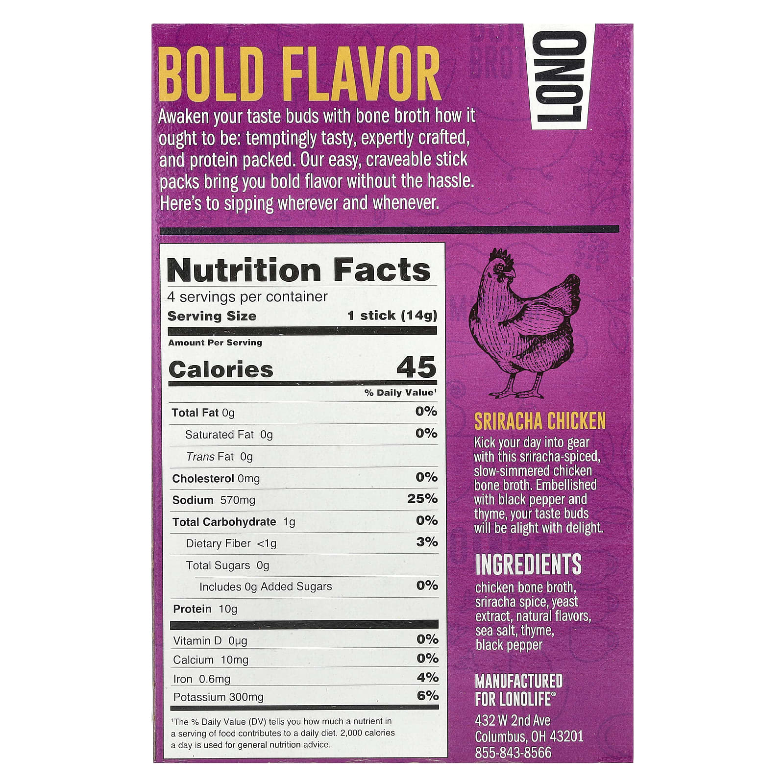 Lonolife, Sipping Bone Broth, курица шрирача, 4 порционные палочки, 14 г (0,49 унции)