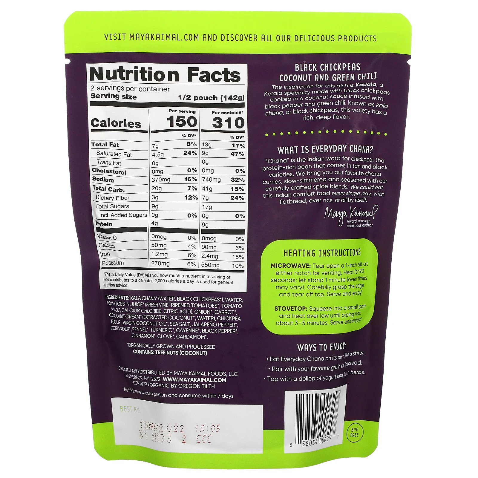 Maya Kaimal, Organic Everyday Chana, черный нут, кокос и зеленый перец чили, 284 г (10 унций)