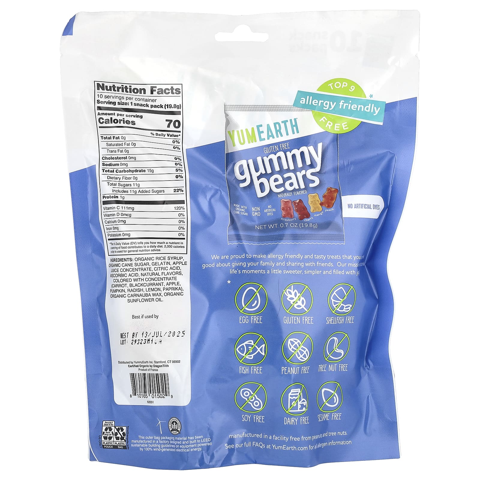 YumEarth, жевательные мишки без глютена, со вкусом клубники, вишни, манго и персика, 10 порционных пакетиков по 198 г (0,7 унции)