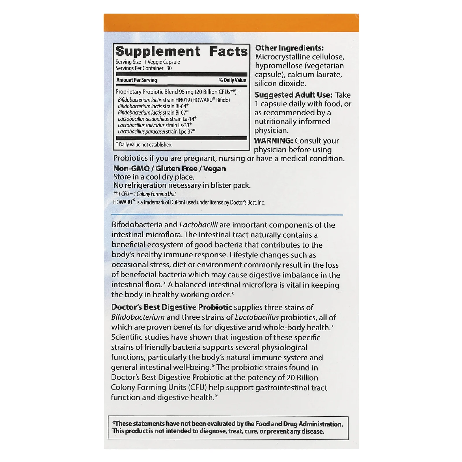 Doctor's Best, пищеварительный пробиотик, 20 миллиардов КОЕ, с Ховару, 30 растительных капсул
