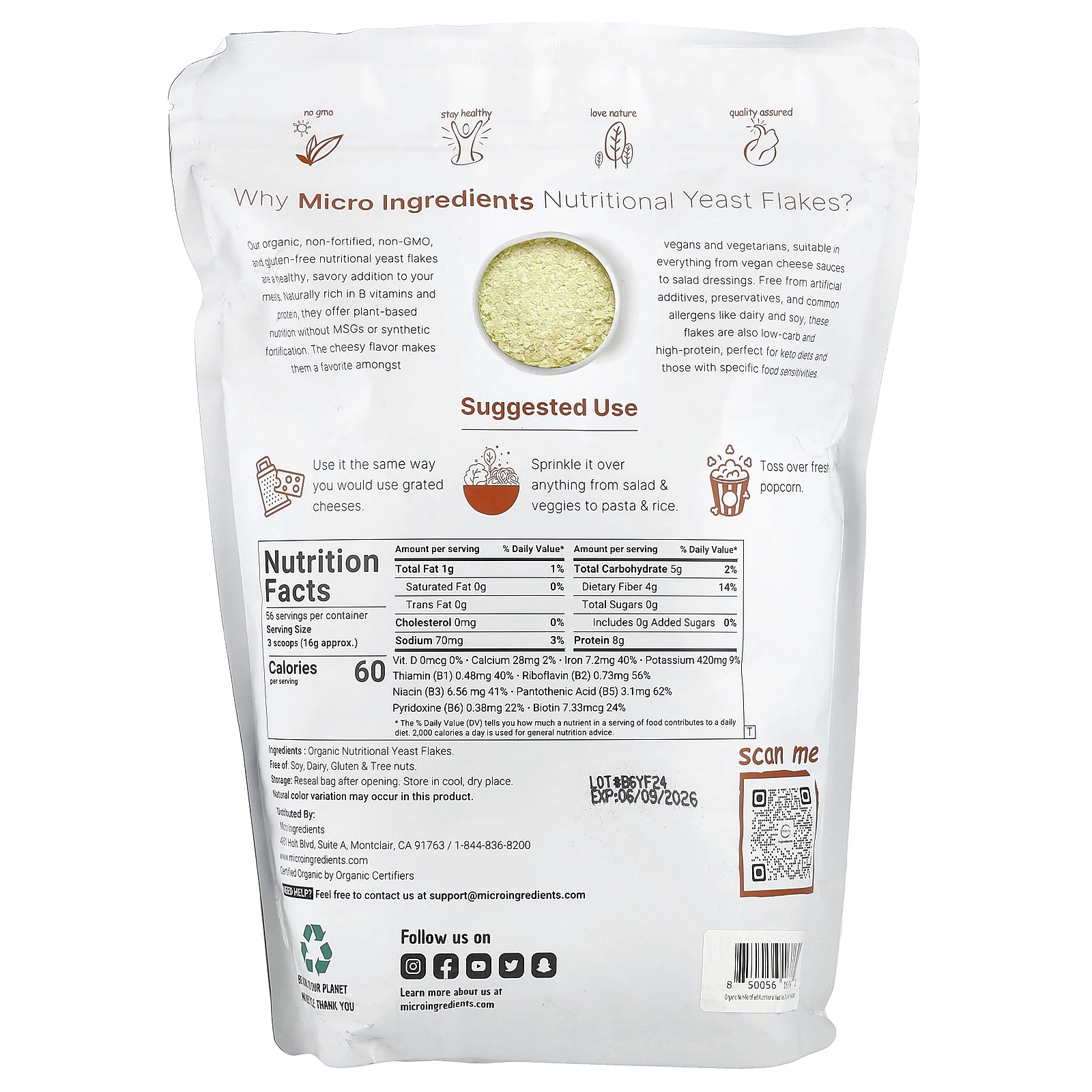 Micro Ingredients, Органические пищевые дрожжи в хлопьях, 907 г (2 фунта)