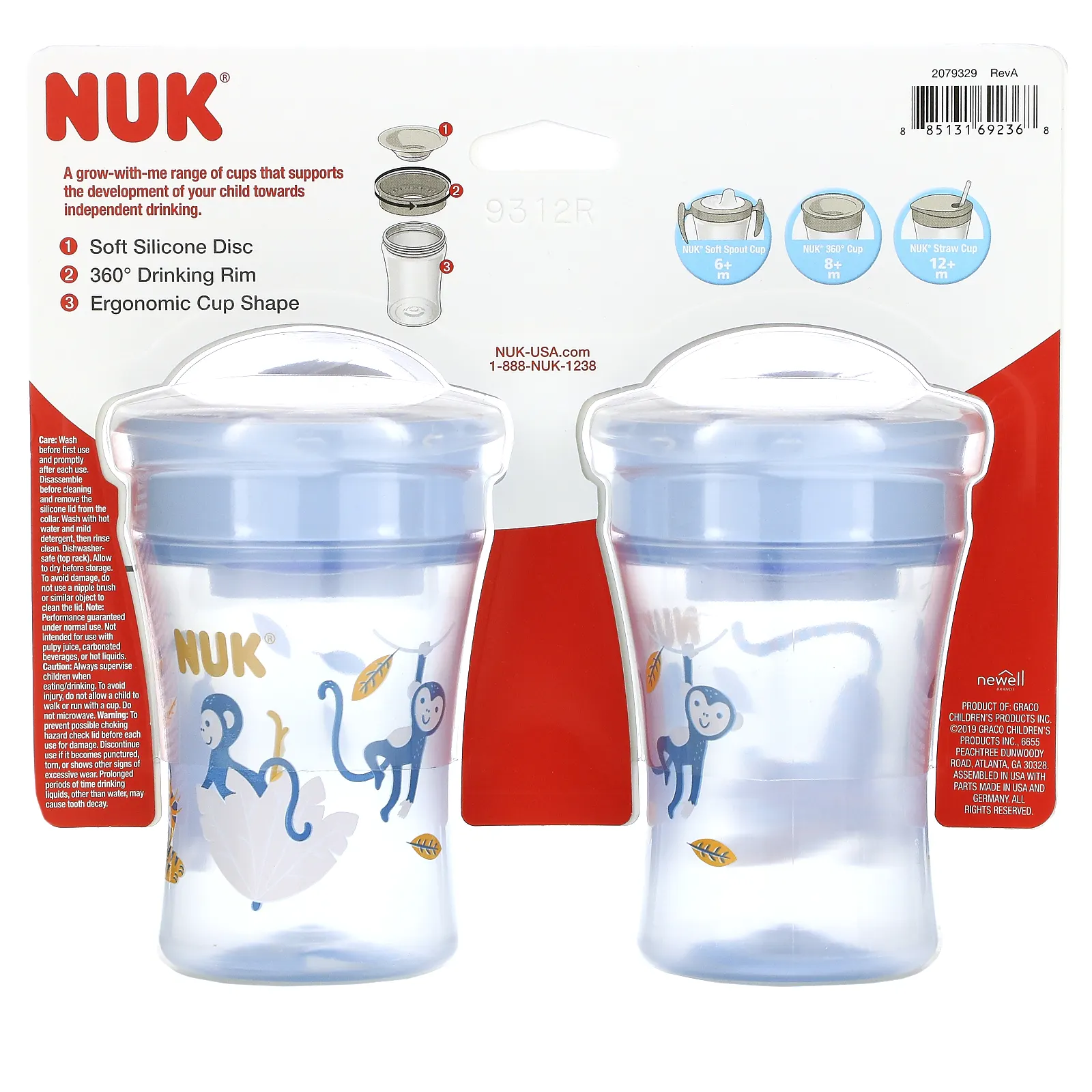 NUK, Evolution 360 Cup, для детей от 8 месяцев, синий, 2 стакана по 240 мл (8 унций)