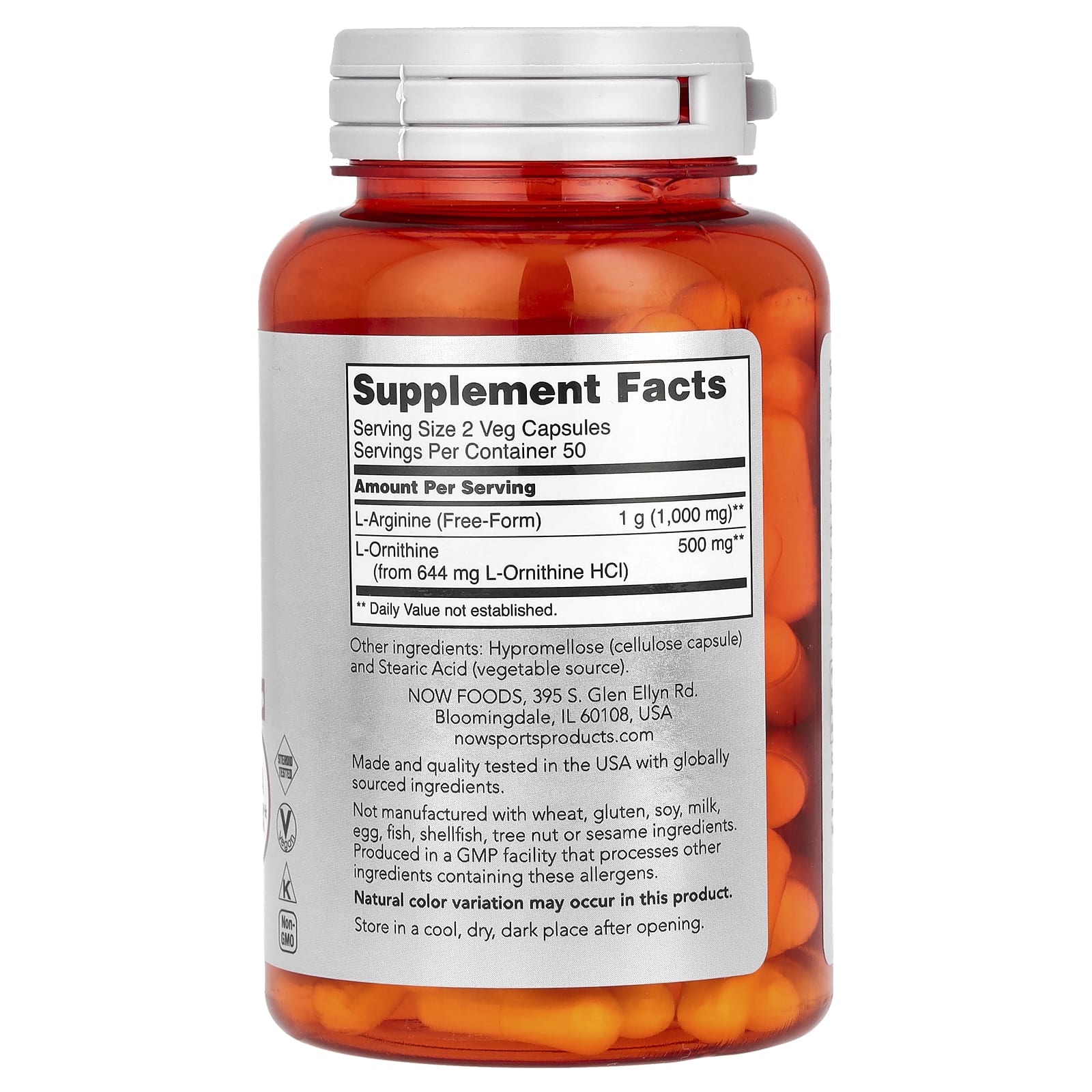 NOW Foods, Sports, аргинин и орнитин, 100 растительных капсул