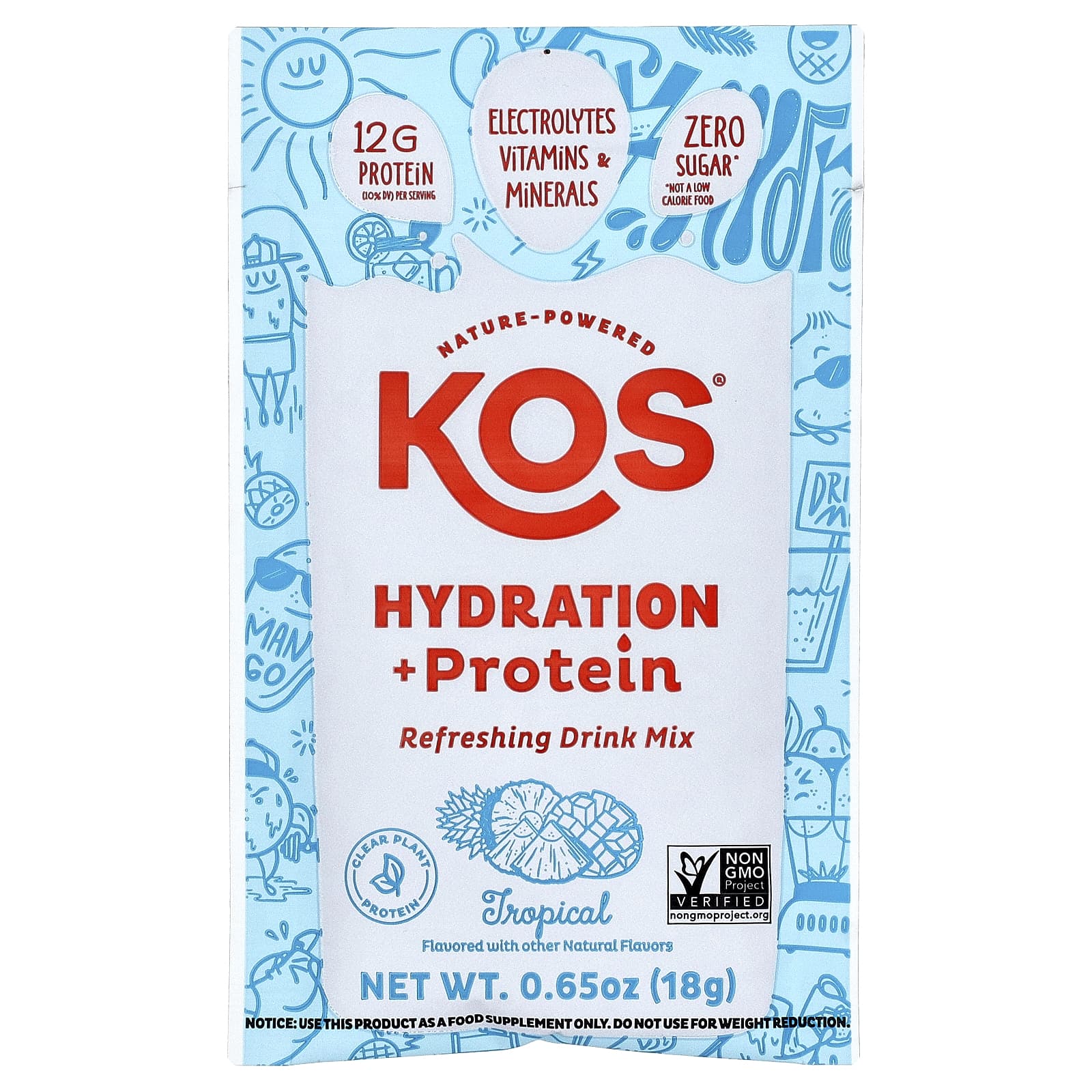 KOS, Hydration + Protein, освежающая смесь для напитков, тропические фрукты, 7 пакетиков по 18 г (0,65 унции)
