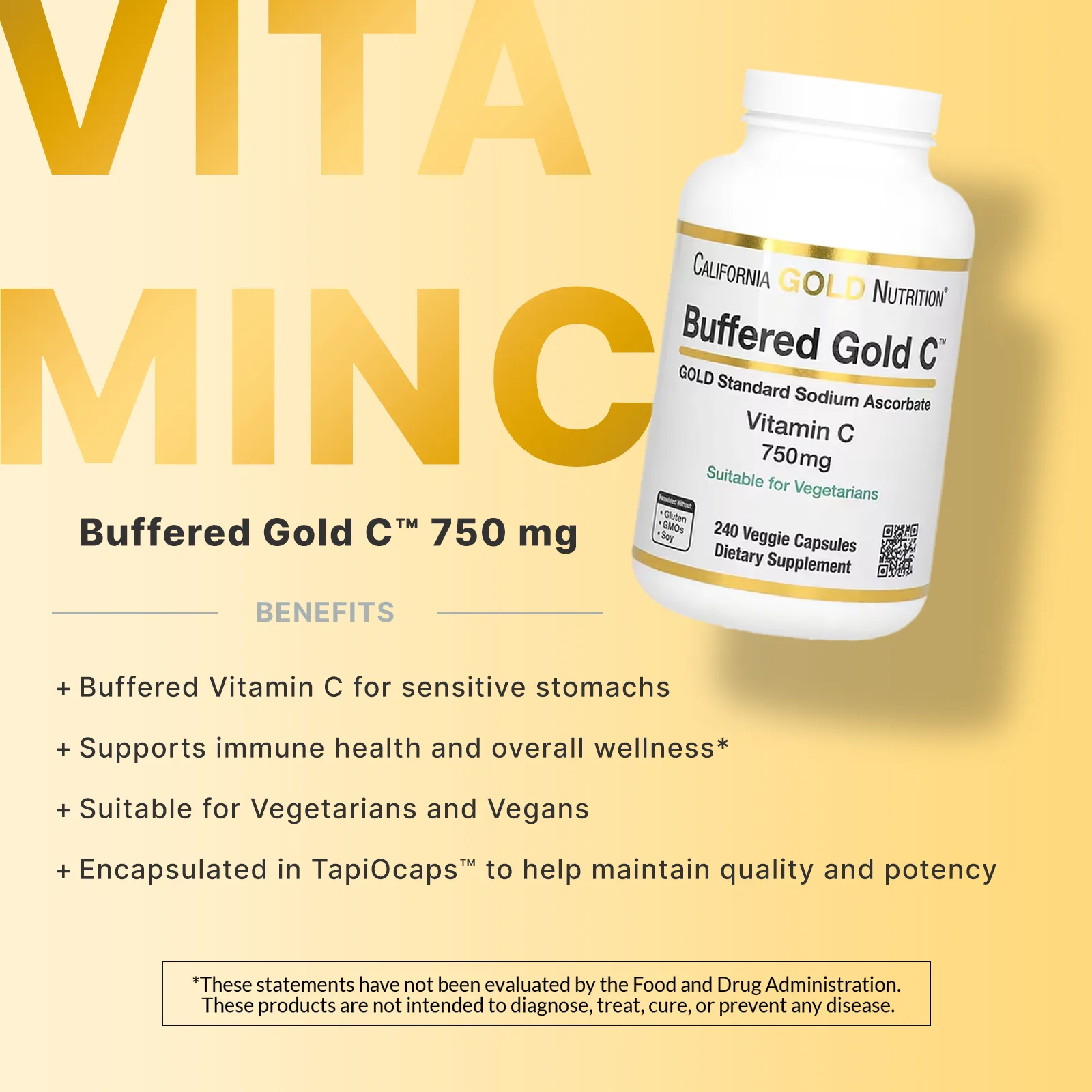 California Gold Nutrition, Gold C, GOLD Standard, буферизованный витамин C, аскорбат натрия, 750 мг, 240 растительных капсул