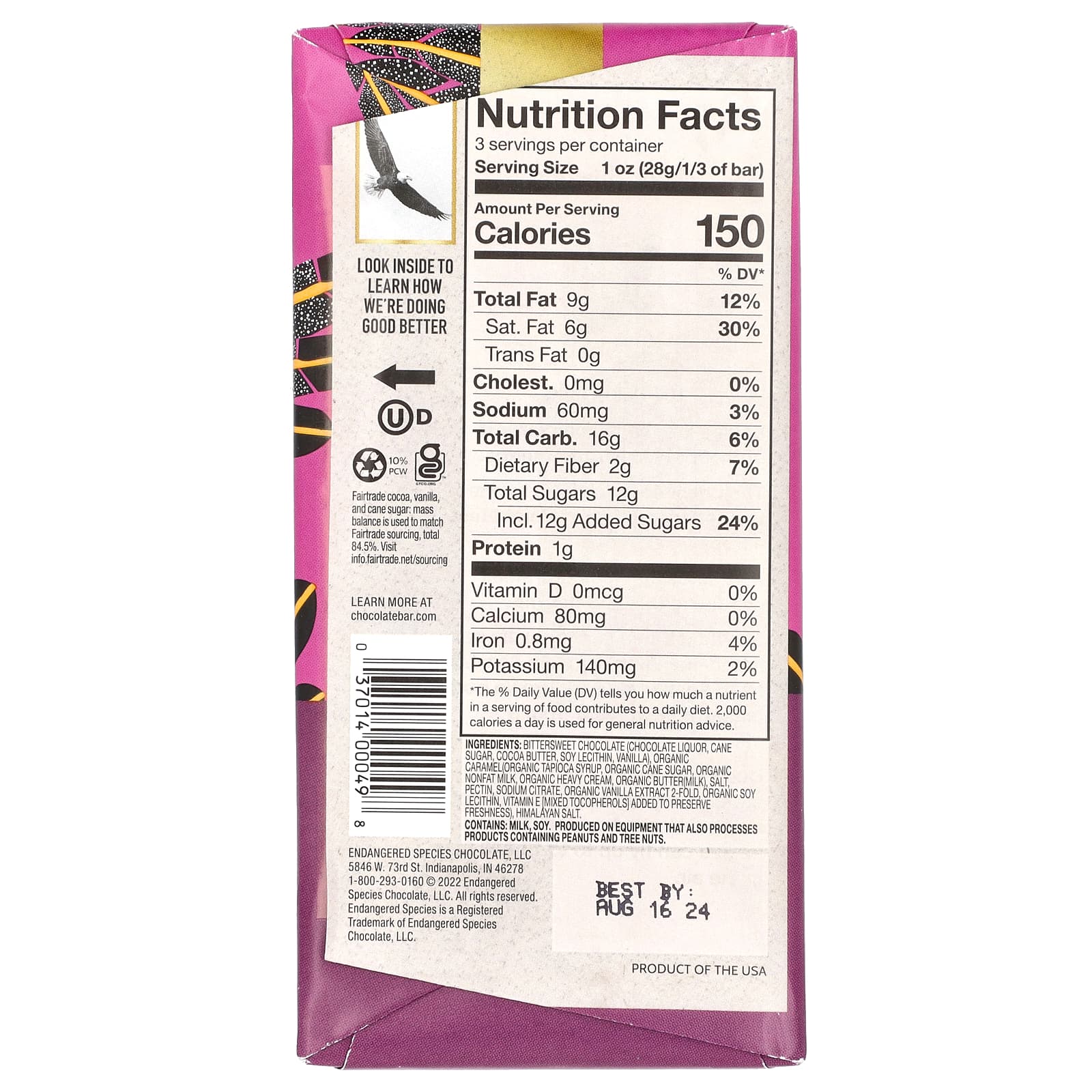 Endangered Species Chocolate, черный шоколад с карамелью и морской солью, 60% какао, 85 г (3 унции)