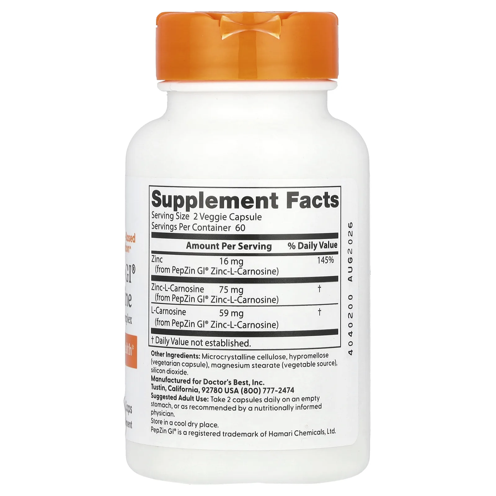 Doctor's Best, PepZin GI, комплекс цинк-L-карнозина, 120 вегетарианских капсул