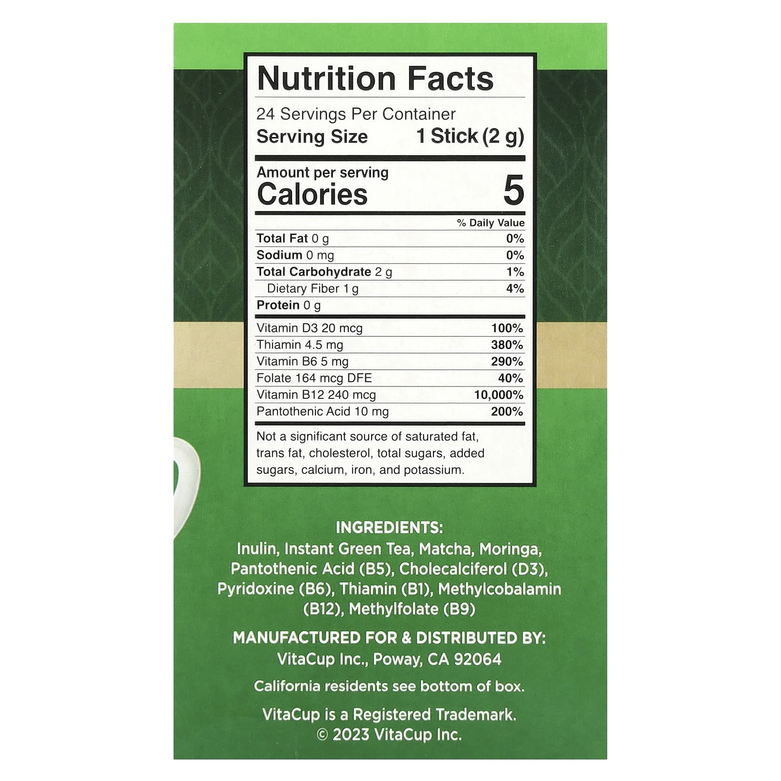 VitaCup, Суперфуд в стиках с зеленым чаем, без сахара, 24 стика для еды, по 2 г (0,07 унции) каждый