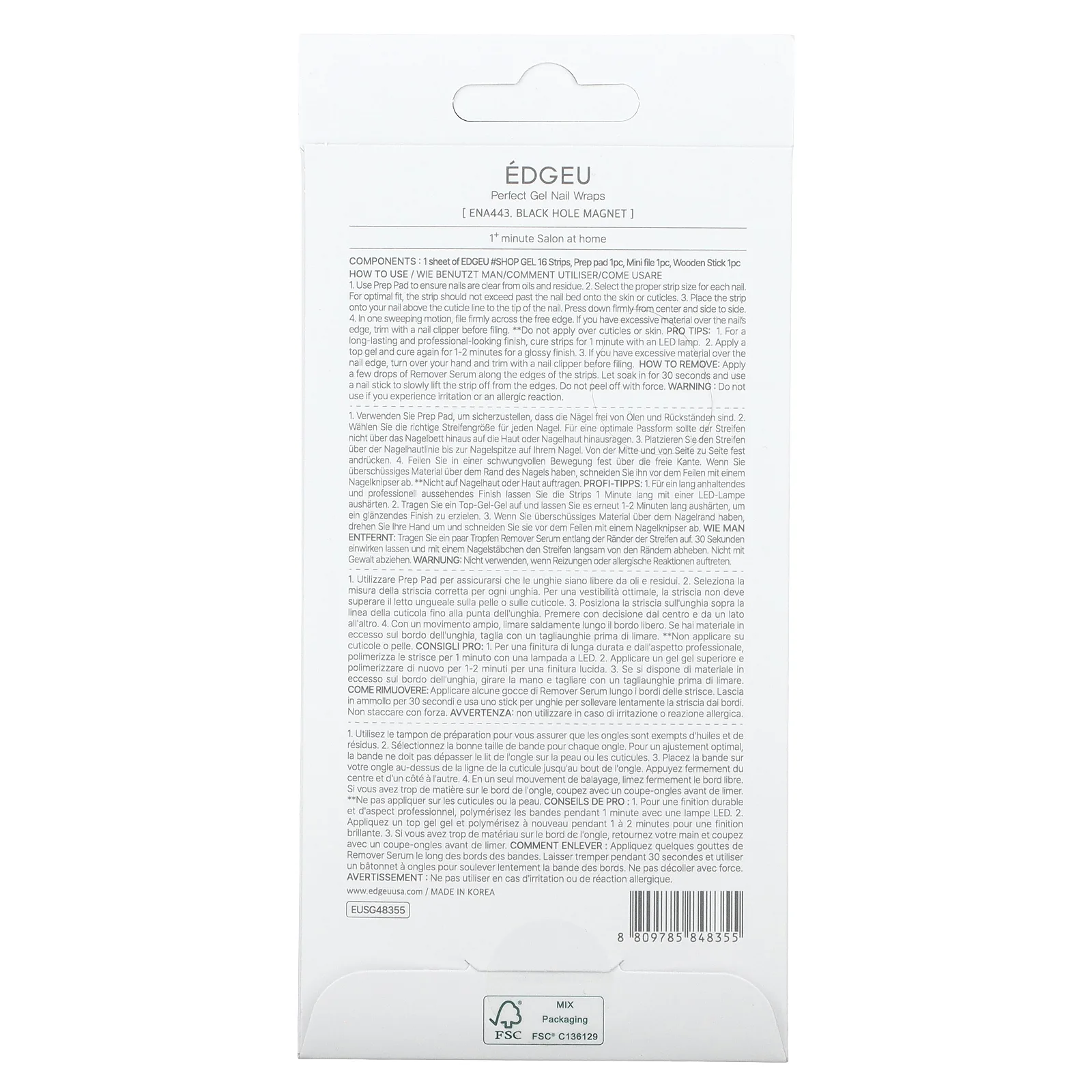 Edgeu, Гелевые обертывания для ногтей Perfect, ENA443, магнит с черным отверстием, набор из 16 полосок