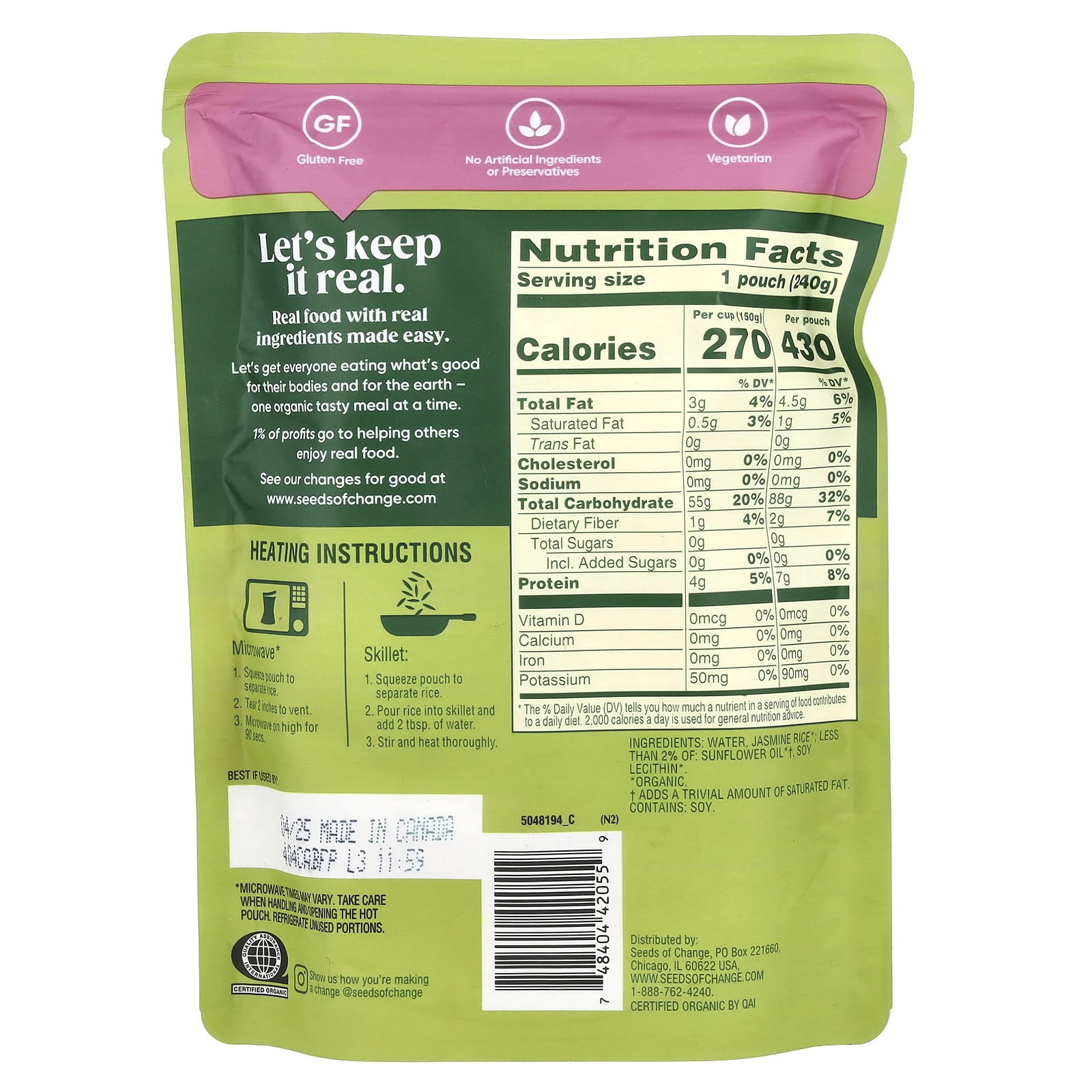 Seeds of Change, Органический жасминовый рис, 240 г (8,5 унции)