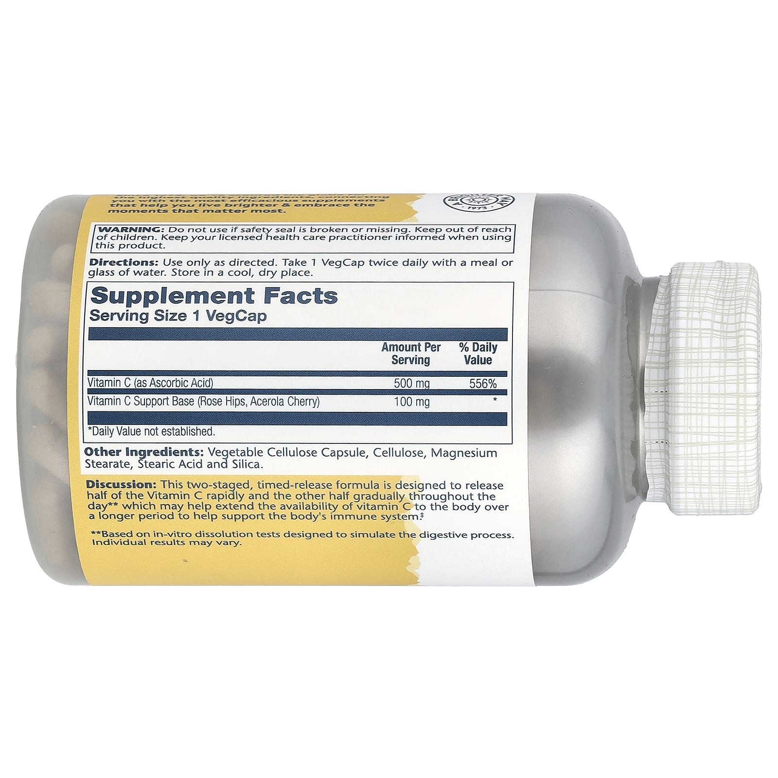 Solaray, витамин C с медленным высвобождением, шиповник и ацерола, 500 мг, 250 растительных капсул