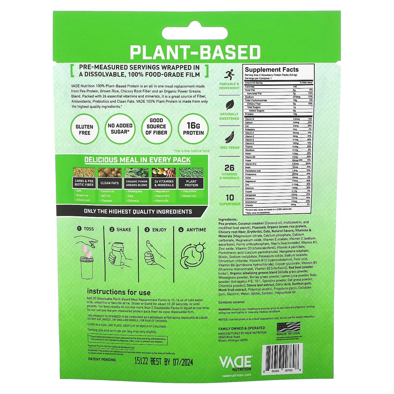 Vade Nutrition, Пакетики с растворимым белком, 100% заменитель растительной пищи, клубничный смузи, 43,4 г (0,1 фунта)