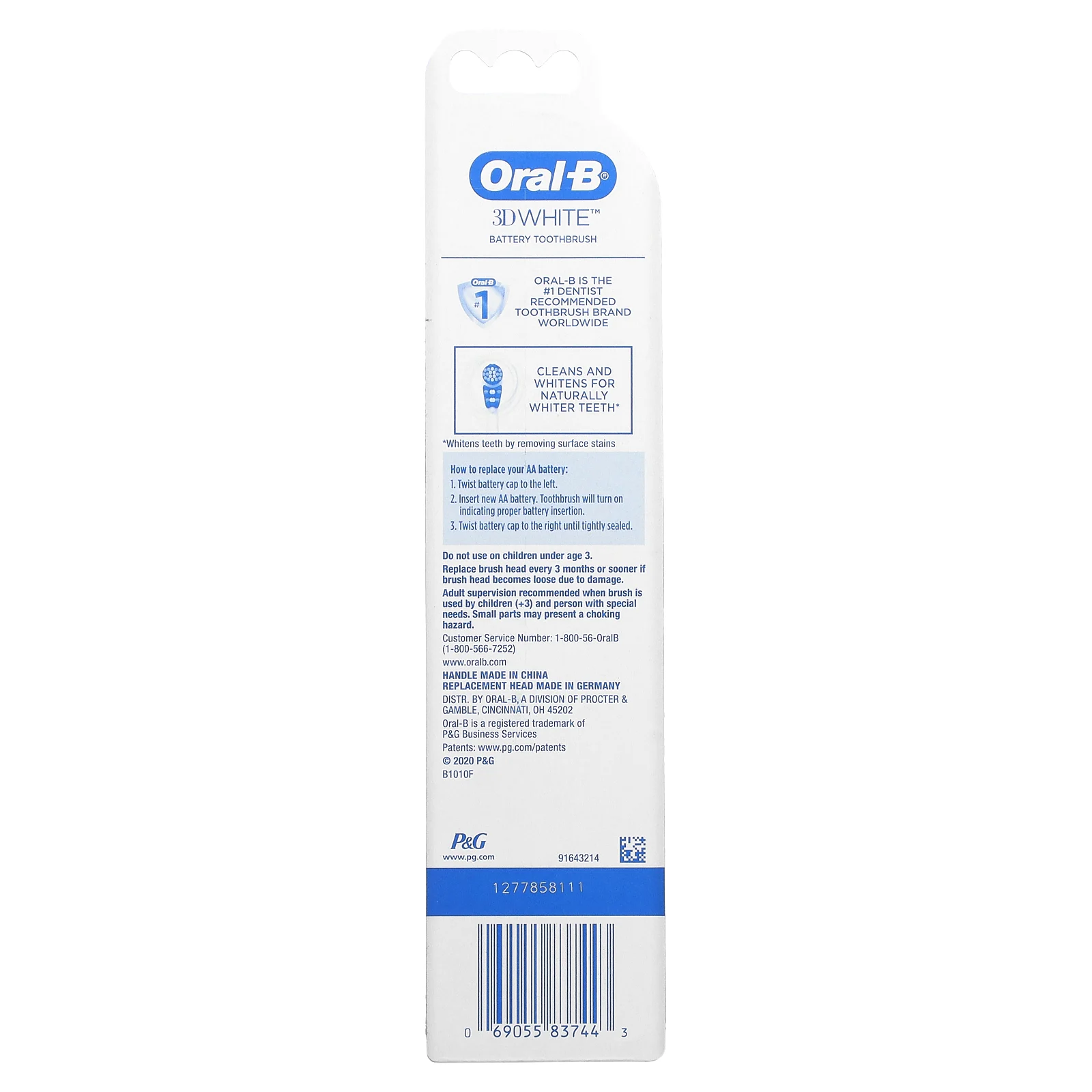 Oral-B, 3D White, зубная щетка на батарейках, 1 шт.