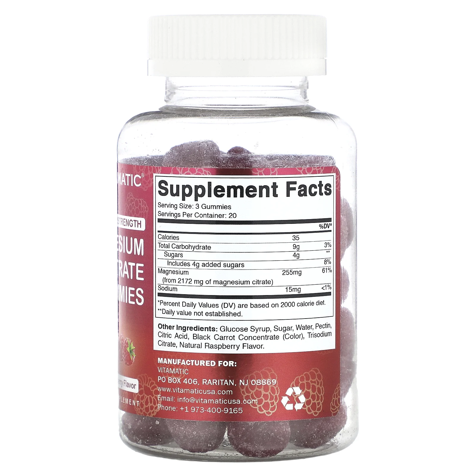 Vitamatic, Жевательные мармеладки с цитратом магния, усиленная сила, натуральная малина, 60 жевательных таблеток