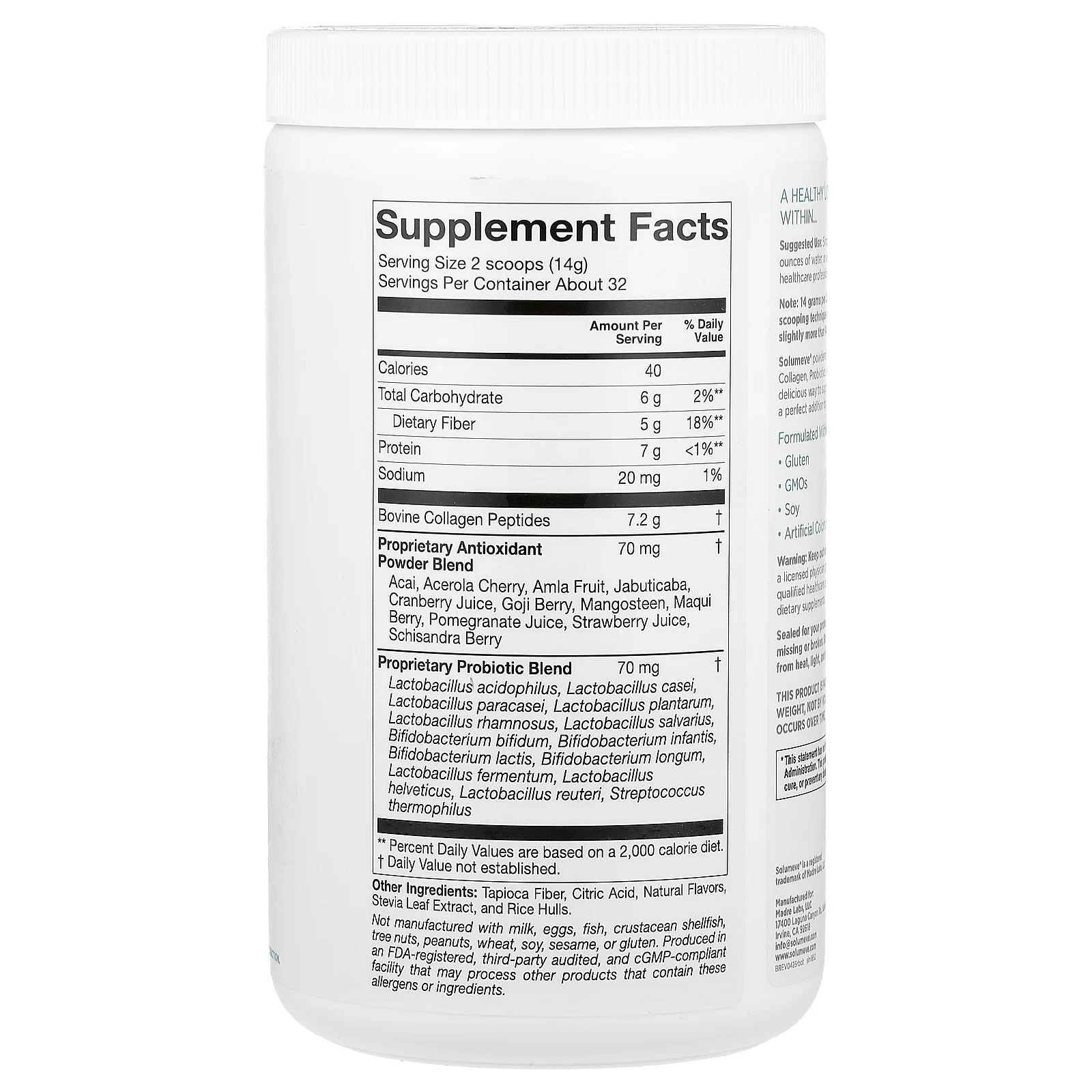 Solumeve, смесь для приготовления напитка с коллагеном, пробиотиками и суперфруктами, со вкусом цитрусовых, 454 г (16 унций)