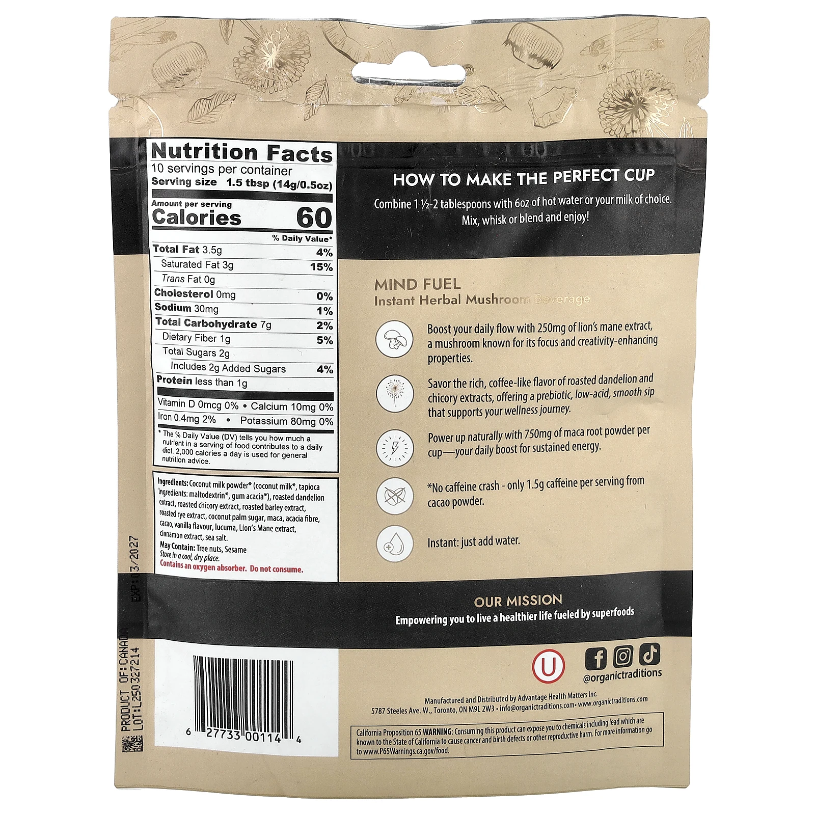 Organic Traditions, растворимый травяной грибной напиток, топливо для ума, без кофеина, 140 г (5 унций)