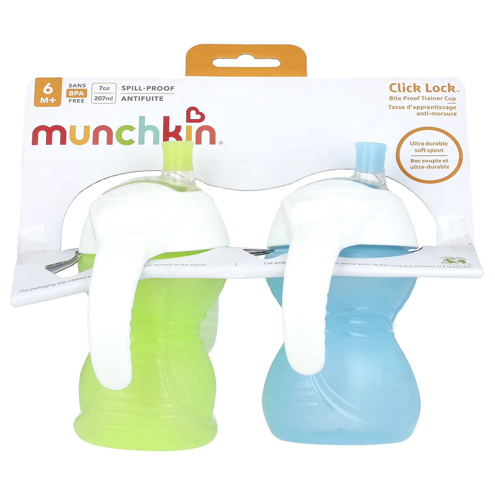 Munchkin, Click Lock ™, чашка для тренировок с защитой от прикусов, от 6 месяцев, светло-зеленый, голубой, 2 чашки по 207 мл (7 унций)