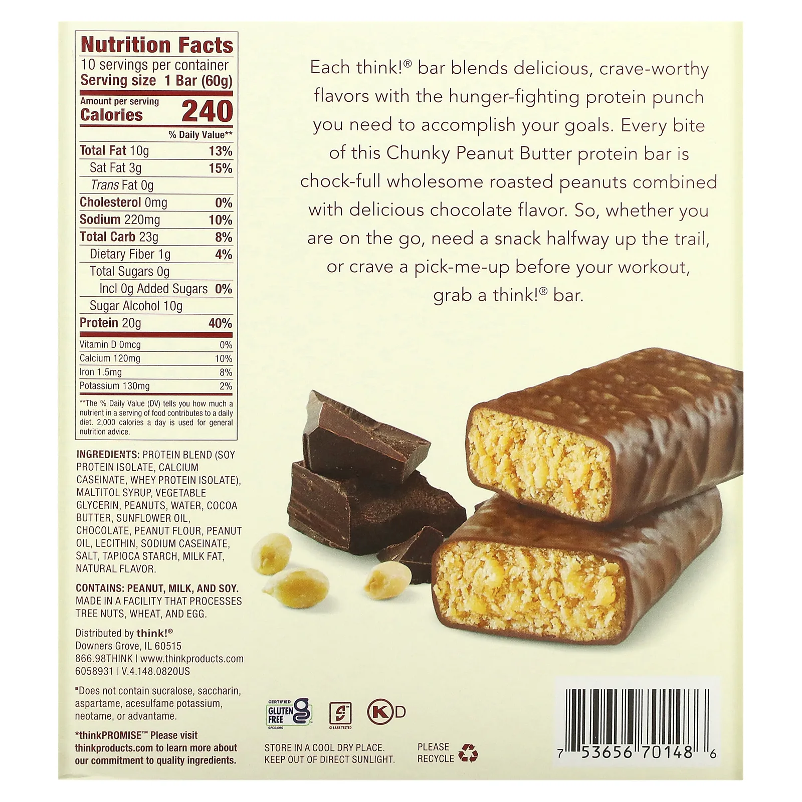 Think !, Высокопротеиновые батончики, кусочки арахисовой пасты, 10 батончиков по 60 г