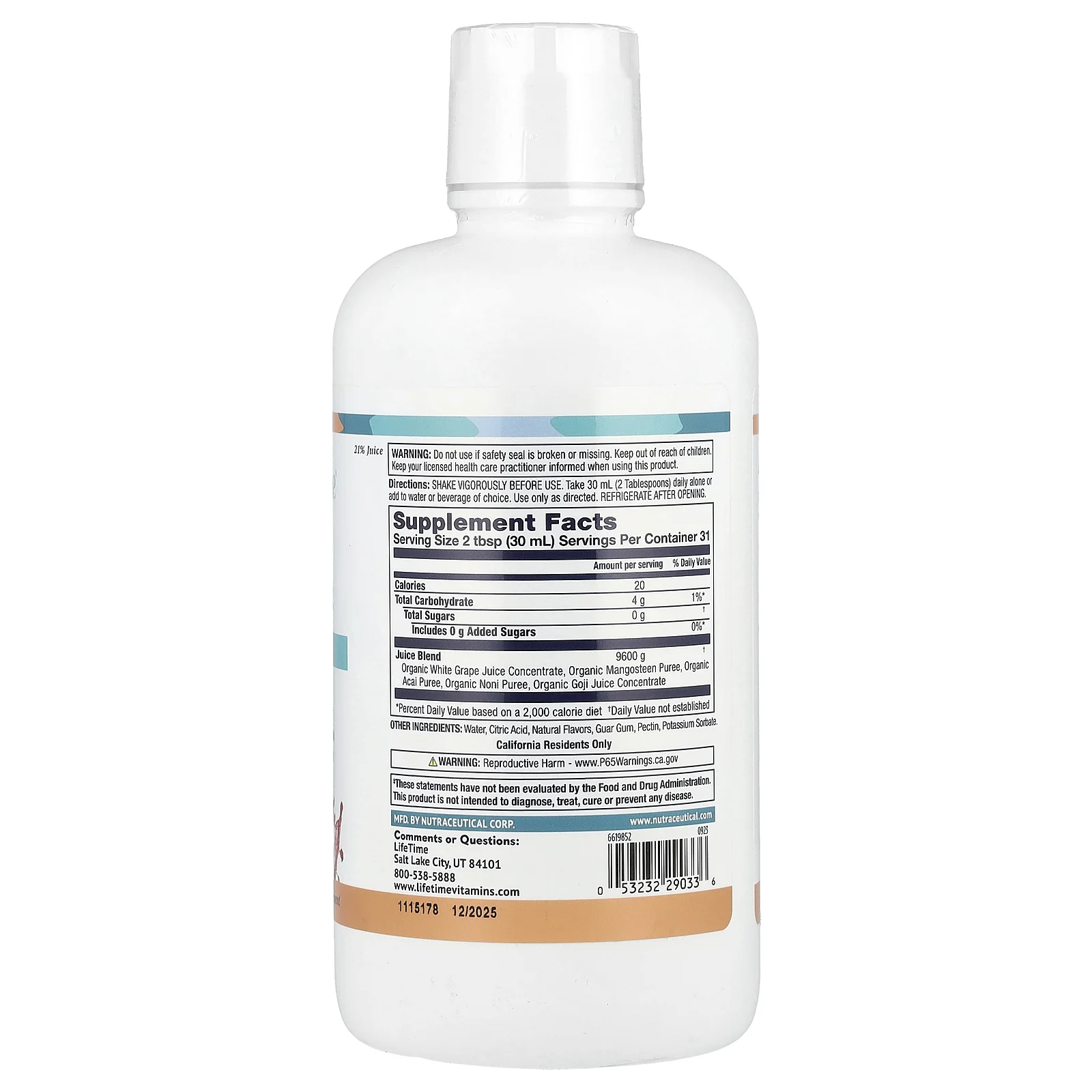 LifeTime Vitamins, Life's Basics, Смесь соков суперфруктов 4-в-1, асаи, гарциния, нони и годжи, 32 ж. унц.(946 мл)