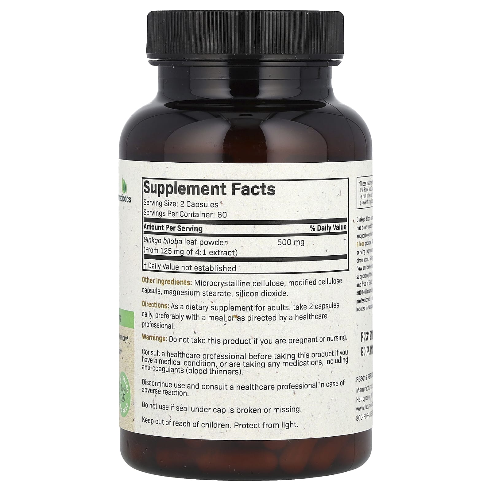 Futurebiotics, гинкго билоба, 500 мг, 120 вегетарианских капсул (250 мг в 1 капсуле)