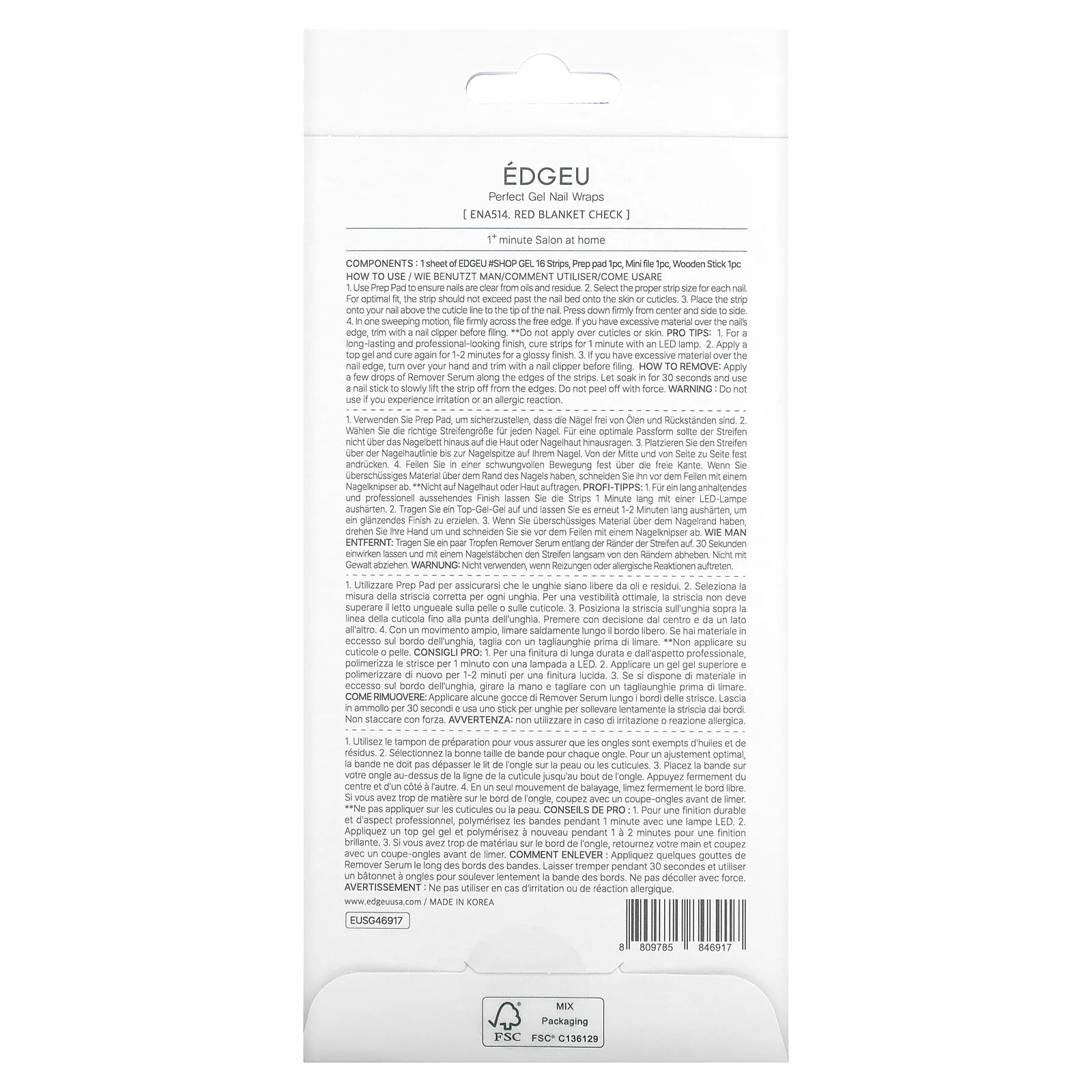 Edgeu, Гелевые обертывания для ногтей Perfect, ENA514, красное одеяло в клетку, набор из 16 полосок