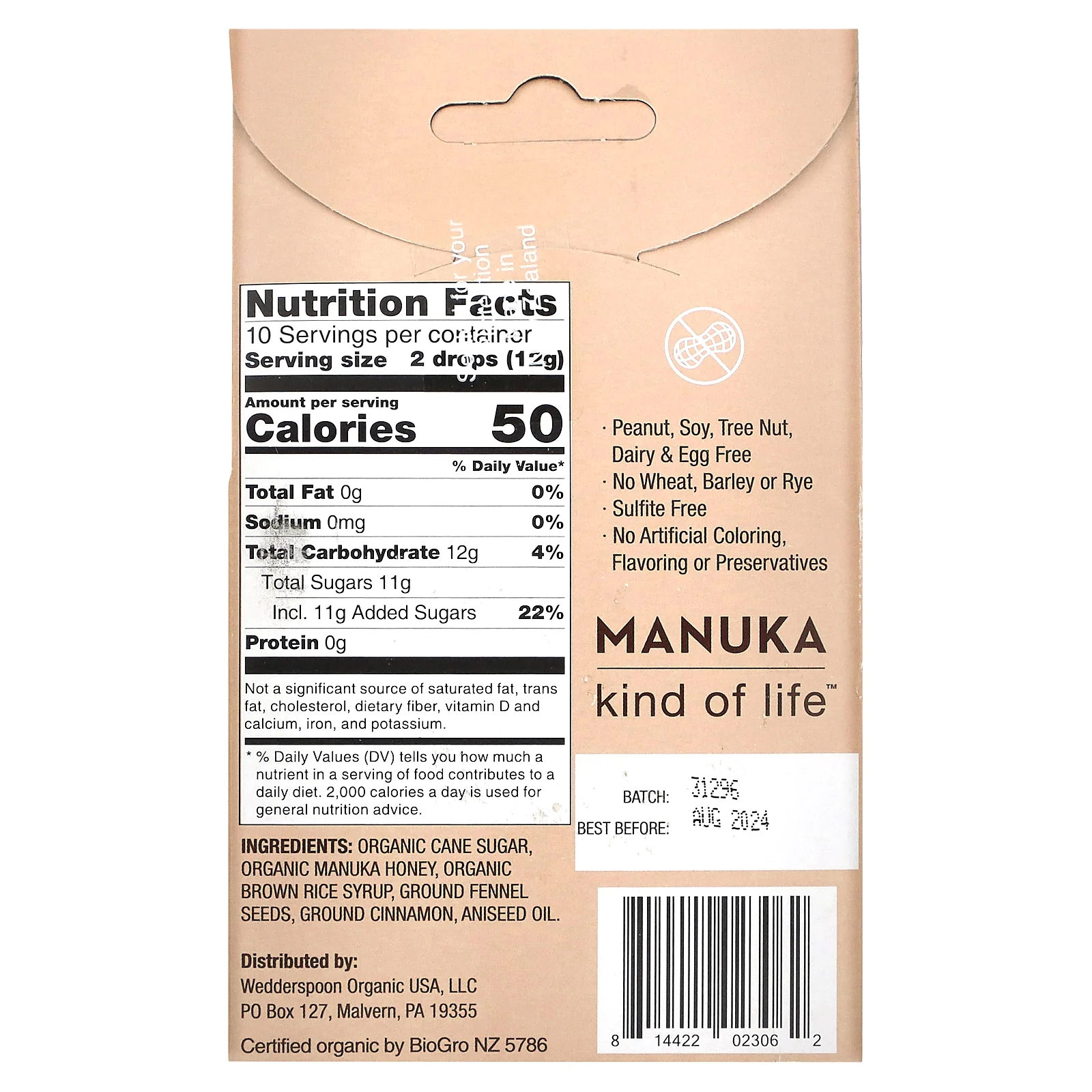 Wedderspoon, Органический мед манука в каплях, фенхель и корица, 120 г (4 унции)