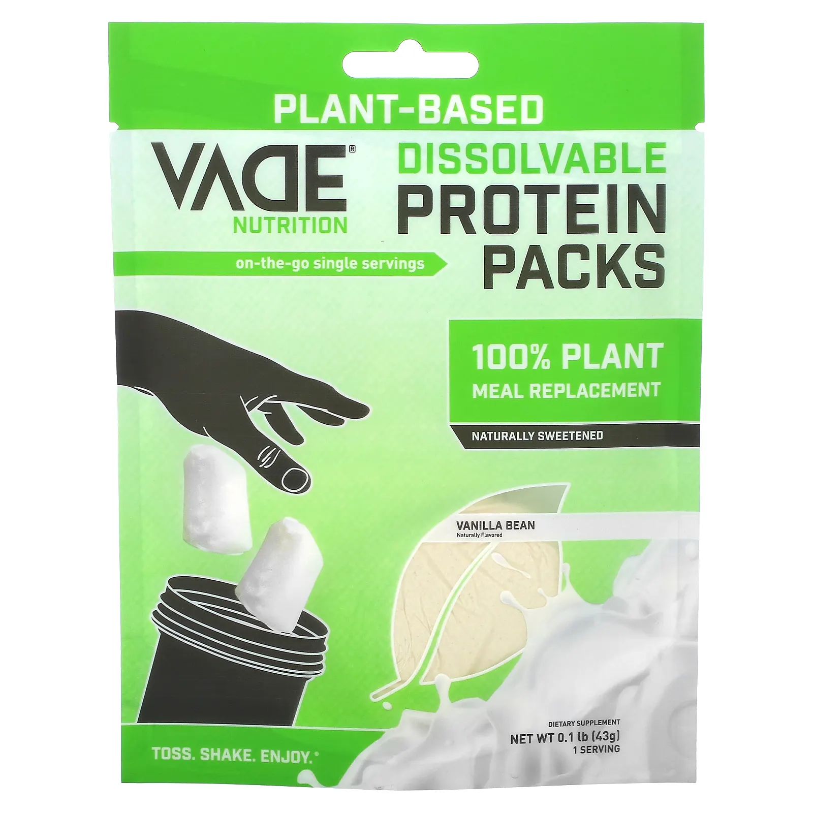 Vade Nutrition, Пакетики с растворимым белком, 100% заменитель растительной пищи, ваниль, 43 г (0,1 фунта)