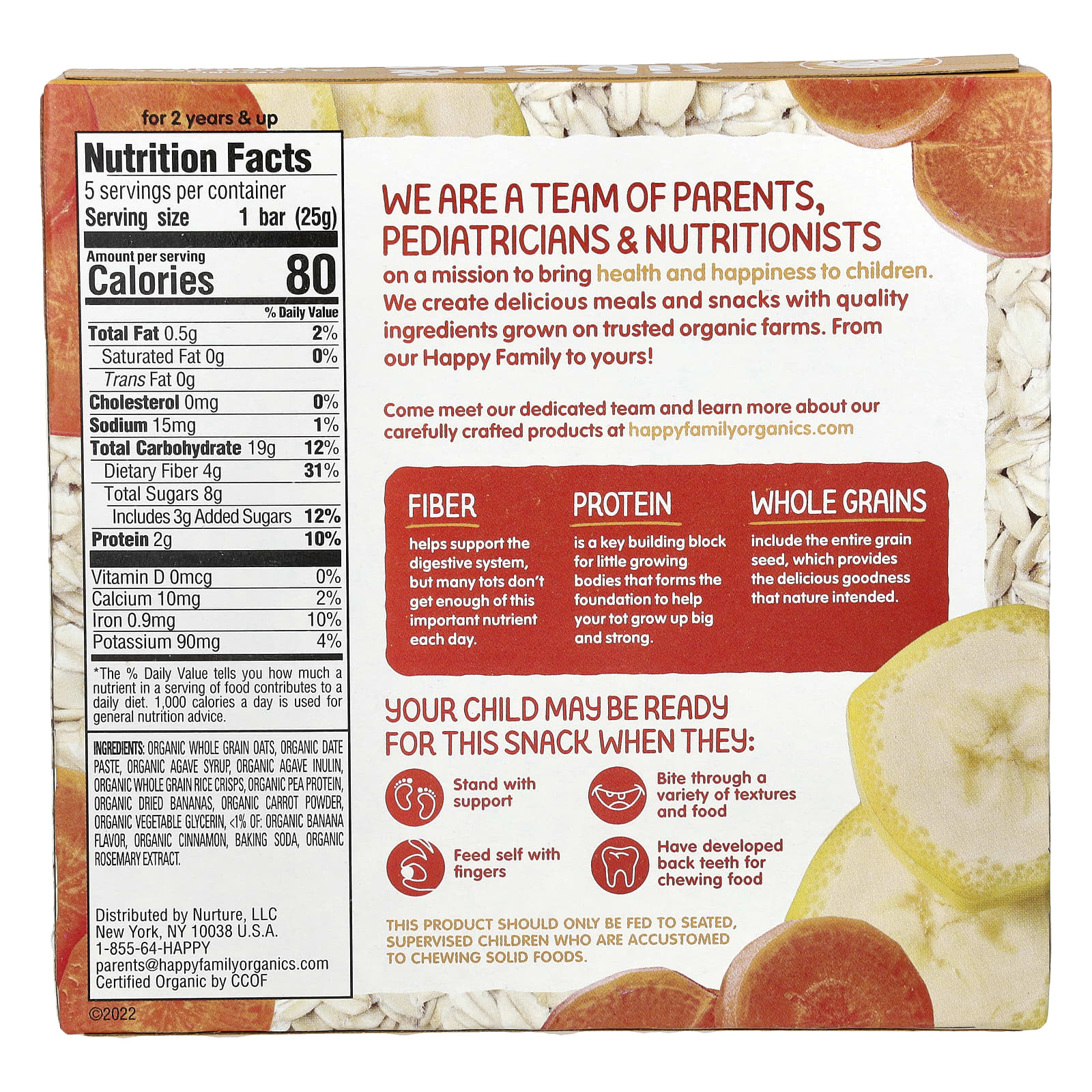 Happy Family Organics, HappyTot, овсяный батончик с клетчаткой и протеином, без глютена, с органическими бананом и морковью, 5 батончиков по 25 г (0,88 унции)