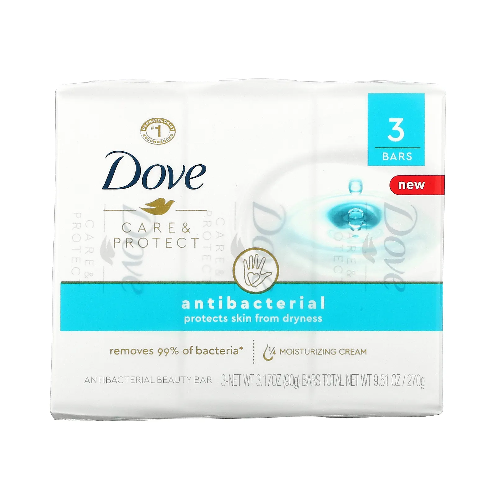 Dove, Care & Protect, антибактериальное косметическое мыло, 3 шт. по 90 г (3,17 унции)
