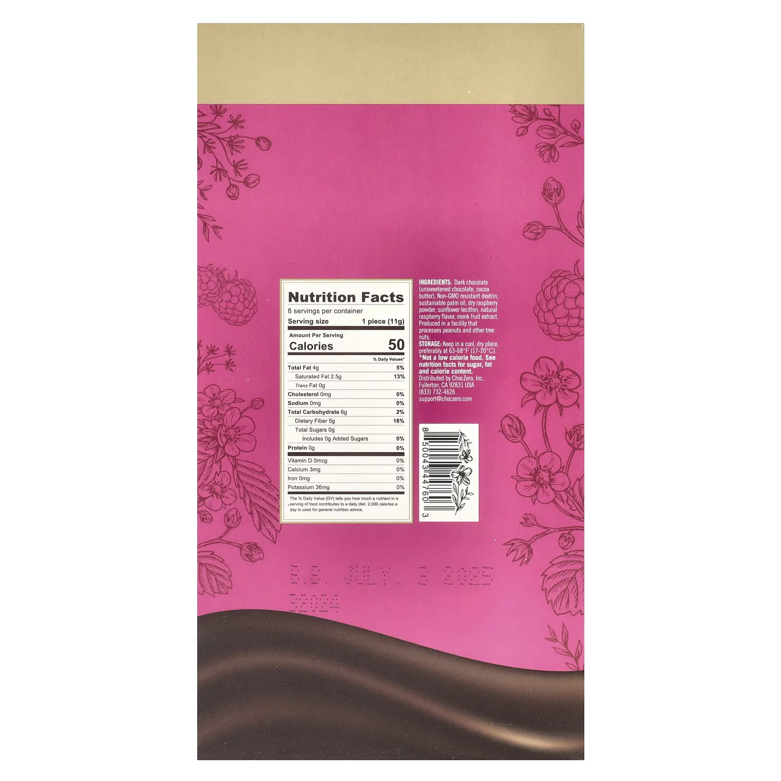 ChocZero, Signature Squares, темный шоколад, малина, 8 квадратов, 90 г (3,2 унции)