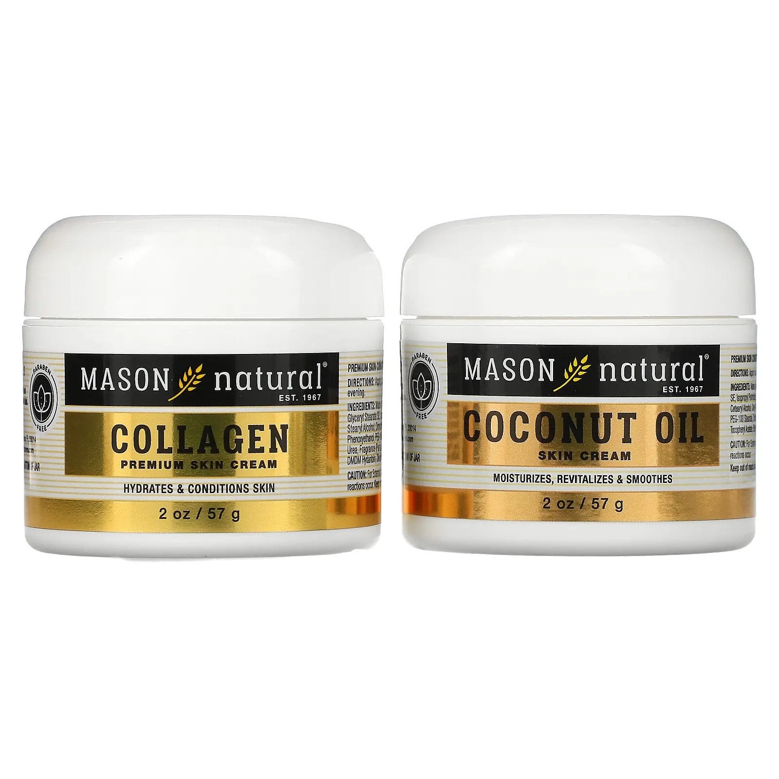Mason Natural, Крем для кожи с кокосовым маслом + крем для кожи премиального качества с коллагеном, 2 шт. В упаковке, 57 г (2 унции)