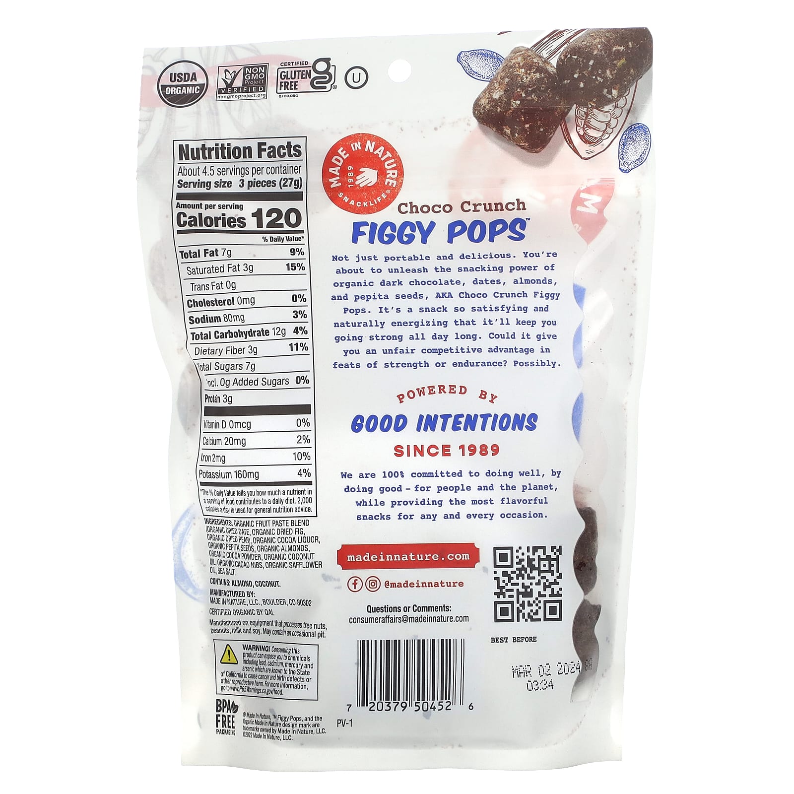 Made in Nature,  Инжирные суперснэки , органические инжирные снэки со вкусом хрустящего чайота, 4,2 унции (119 г)