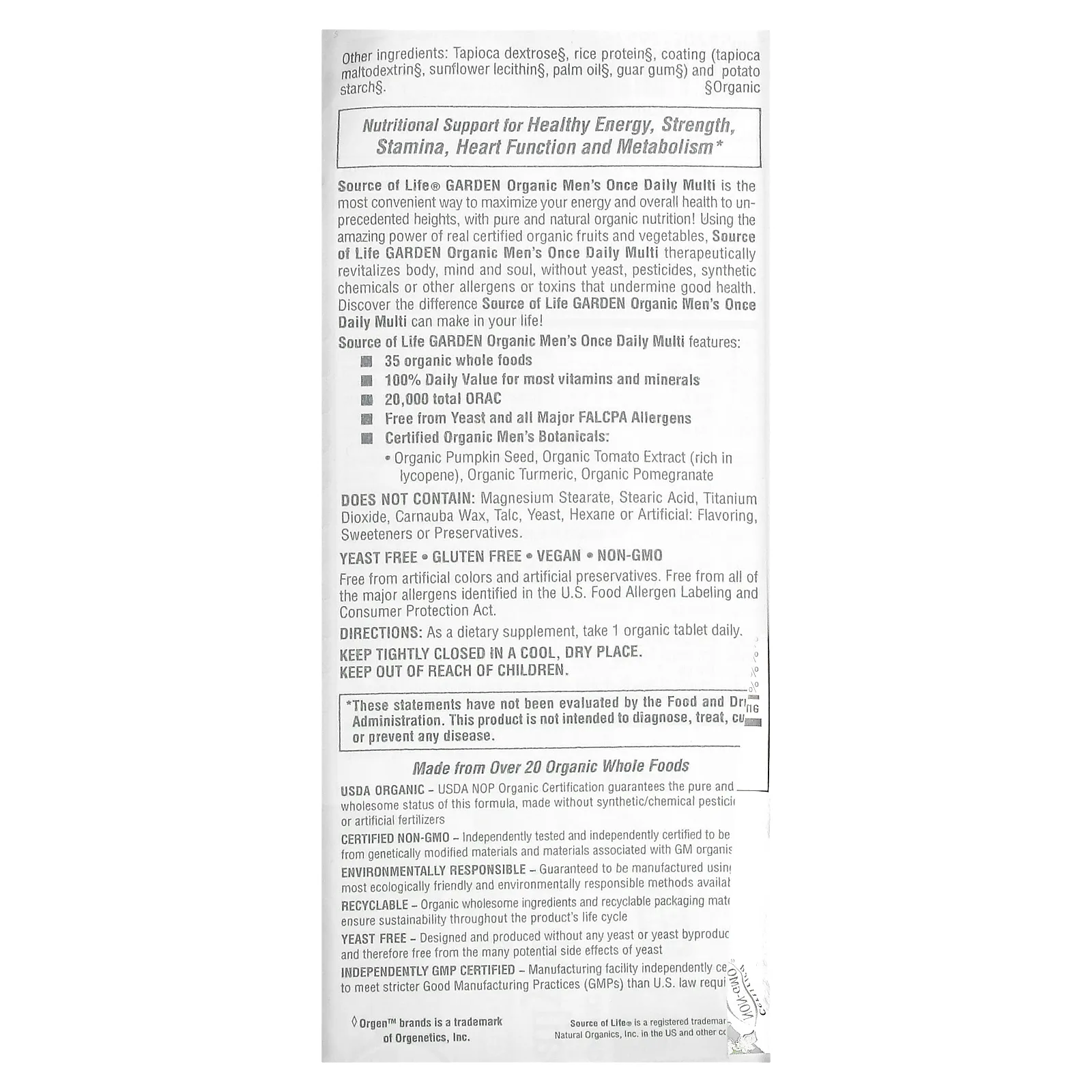 NaturesPlus, Source of Life Garden, мультивитамины для мужчин для приема один раз в день, 30 веганских таблеток