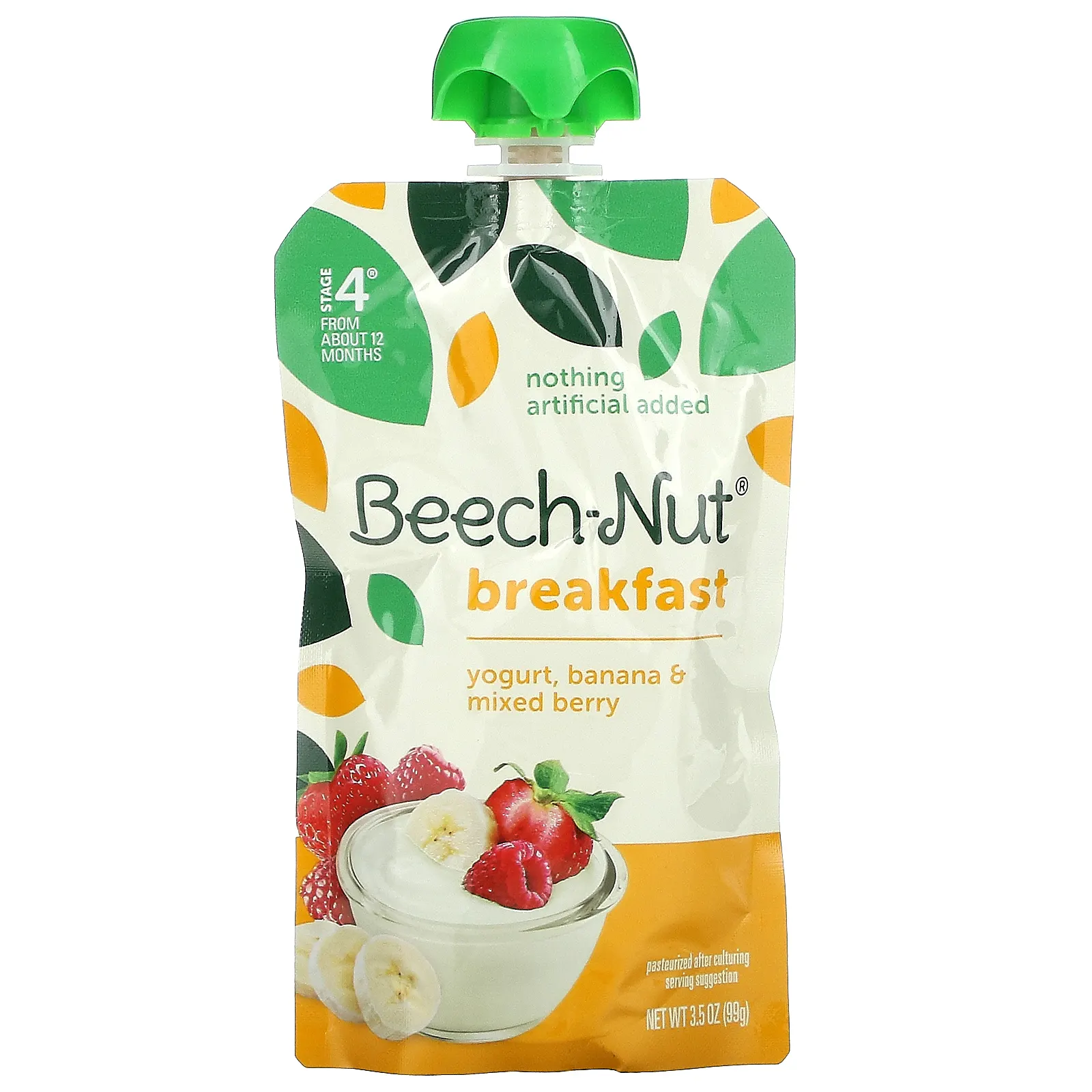 Beech-Nut, завтрак, для детей от 12 месяцев, йогурт с бананом и ягодами, 12 паучей по 99 г (3,5 унции)