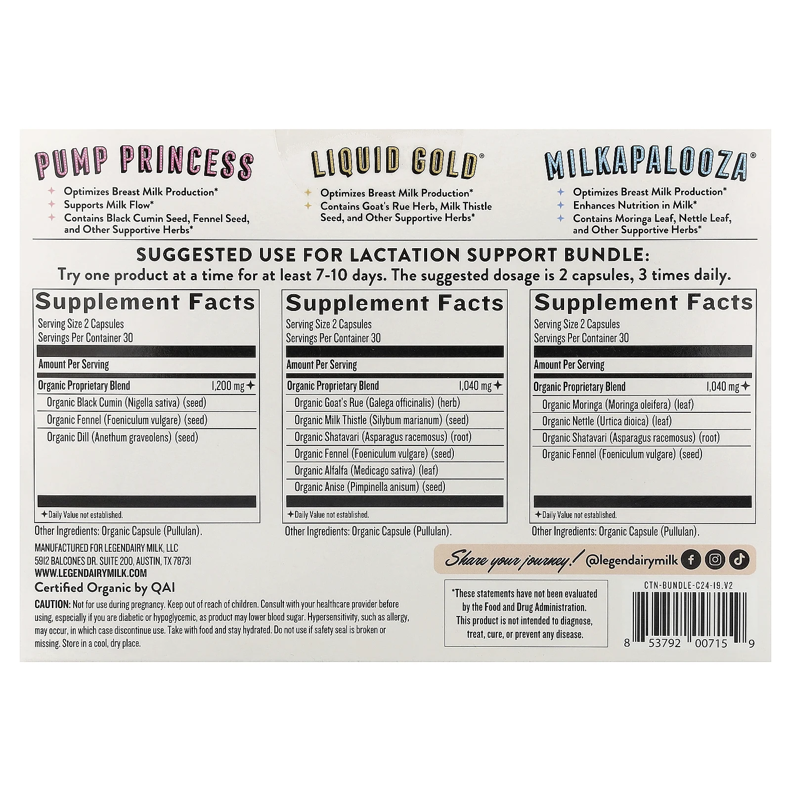 Legendairy Milk, набор для поддержки лактации, 3 флакона, 60 веганских капсул в каждом