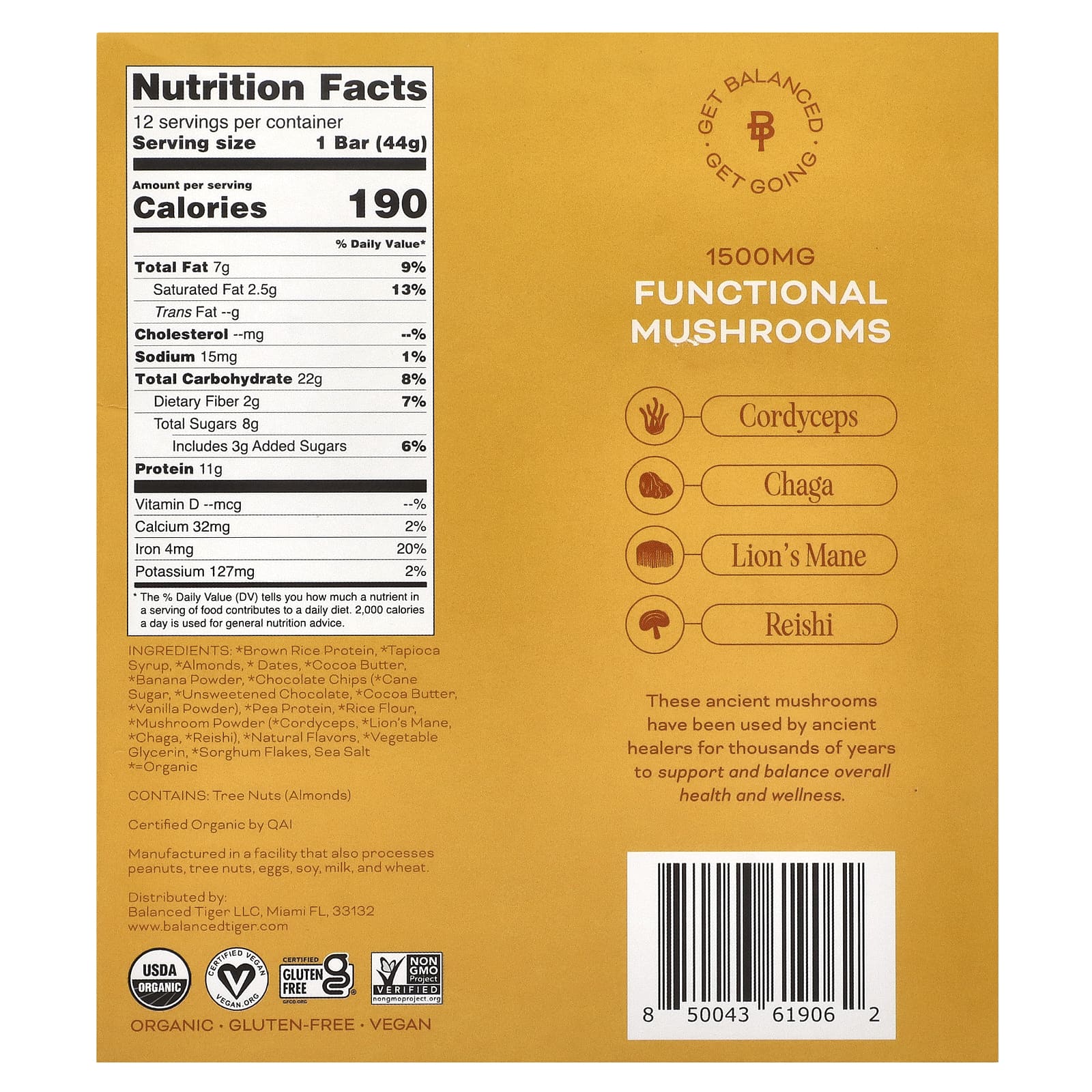 Balanced Tiger, протеиновый батончик, банан и шоколадная крошка, 12 шт. по 44 г (1,55 унции)