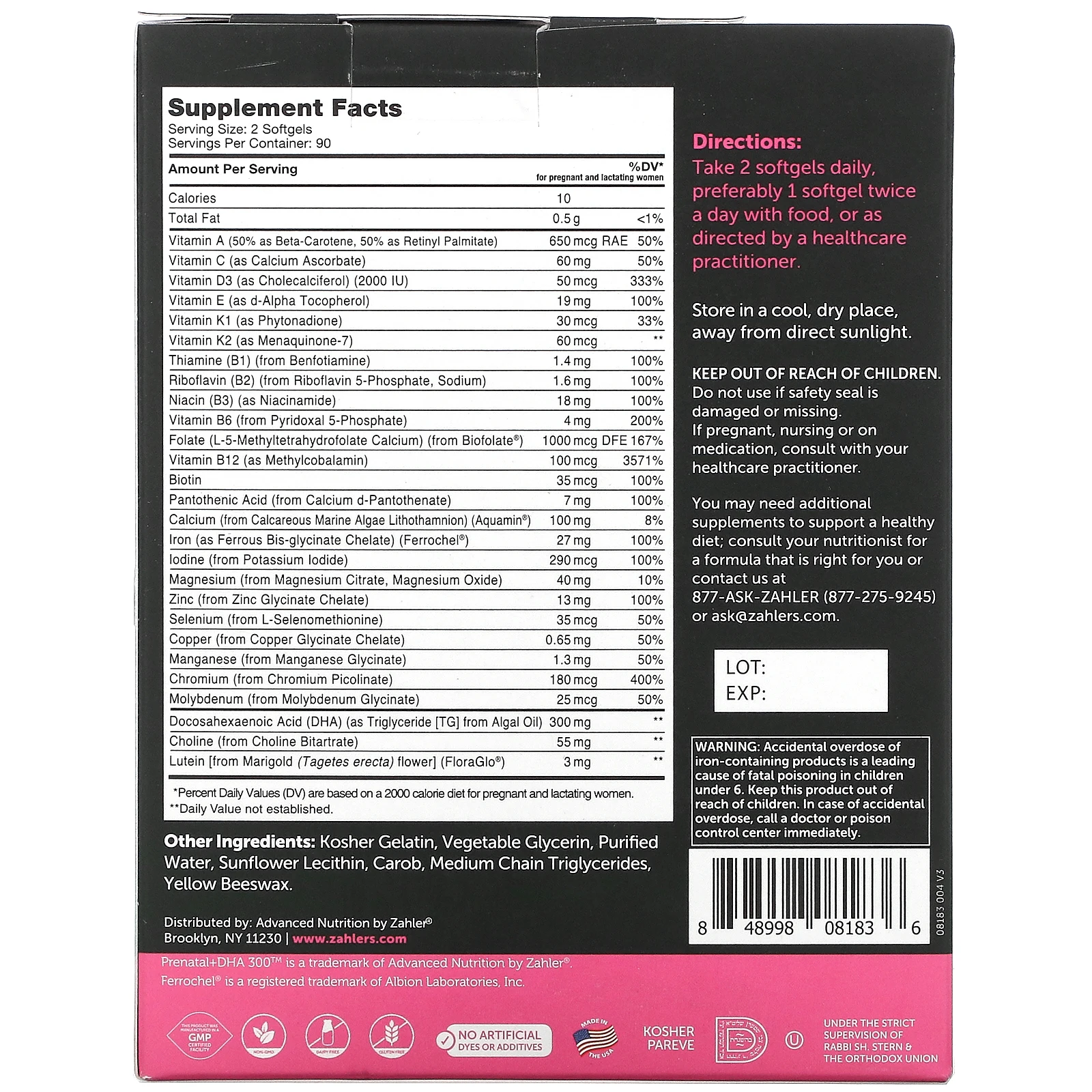 Zahler, комплекс пренатальных витаминов + ДГК 300, оптимальная формула, 180 капсул